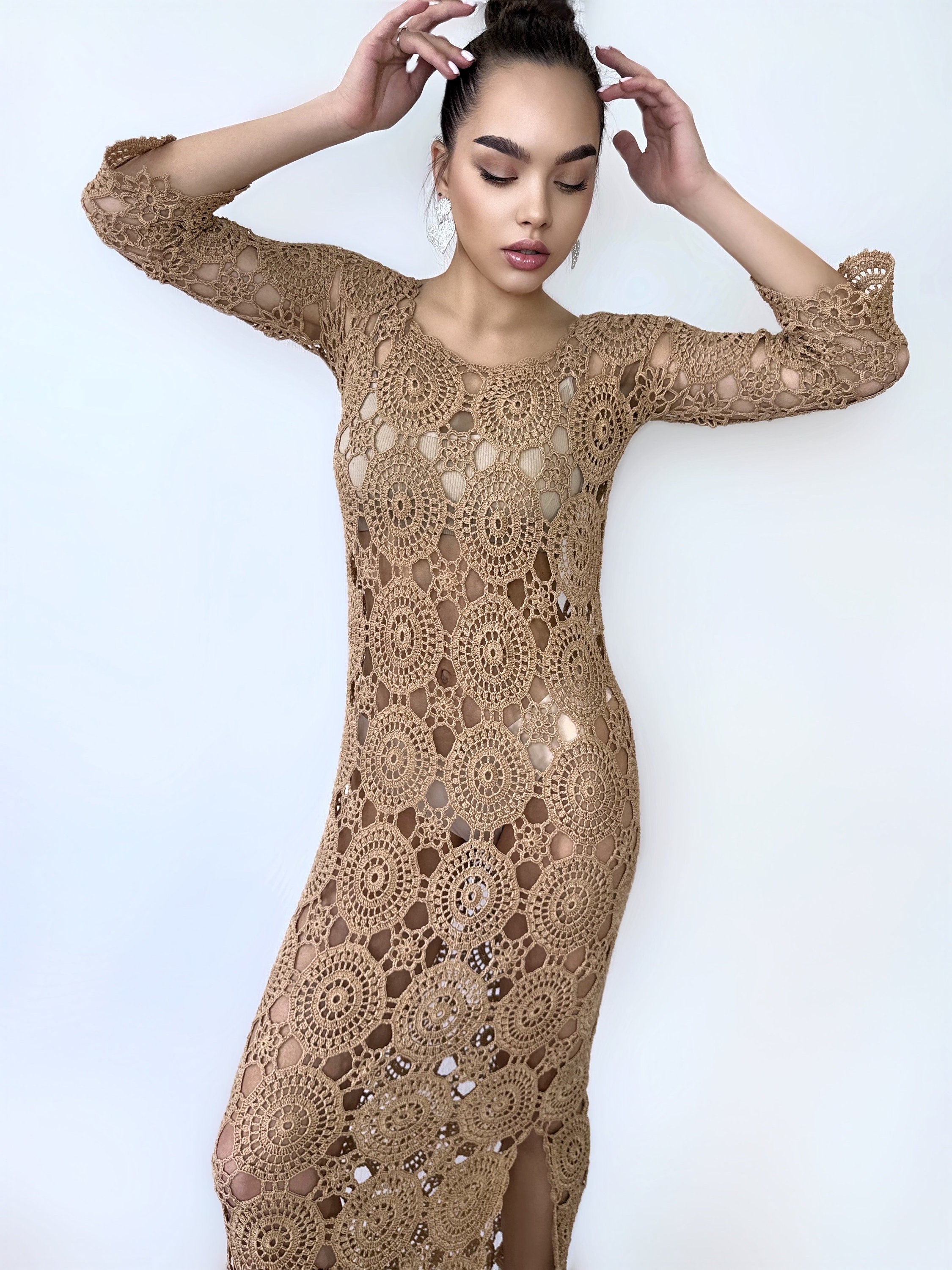 Beach crochet maxi dress for beach wedding Beach cover up Brown beige white midi dress Wedding open back dress Boho maxi summer dress