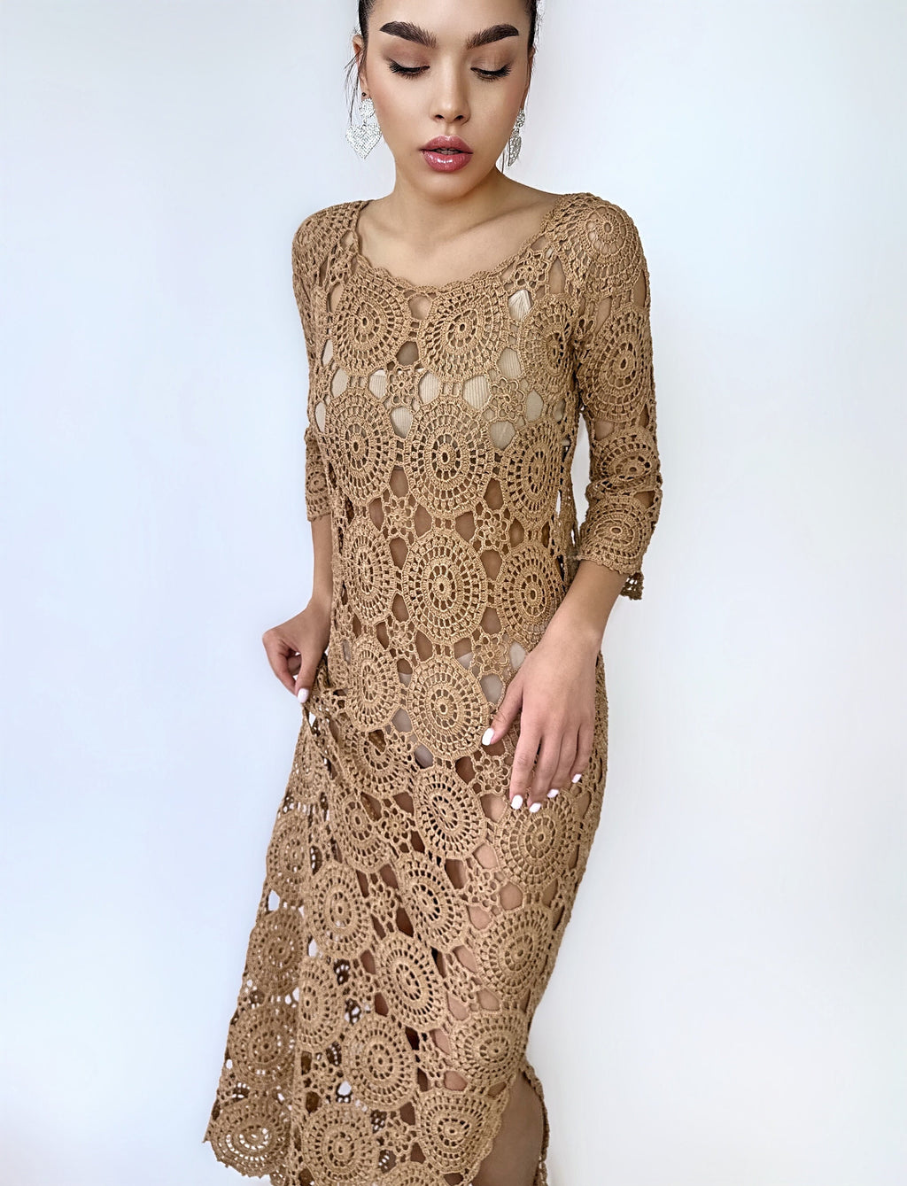 Beach crochet maxi dress for beach wedding Beach cover up Brown beige white midi dress Wedding open back dress Boho maxi summer dress
