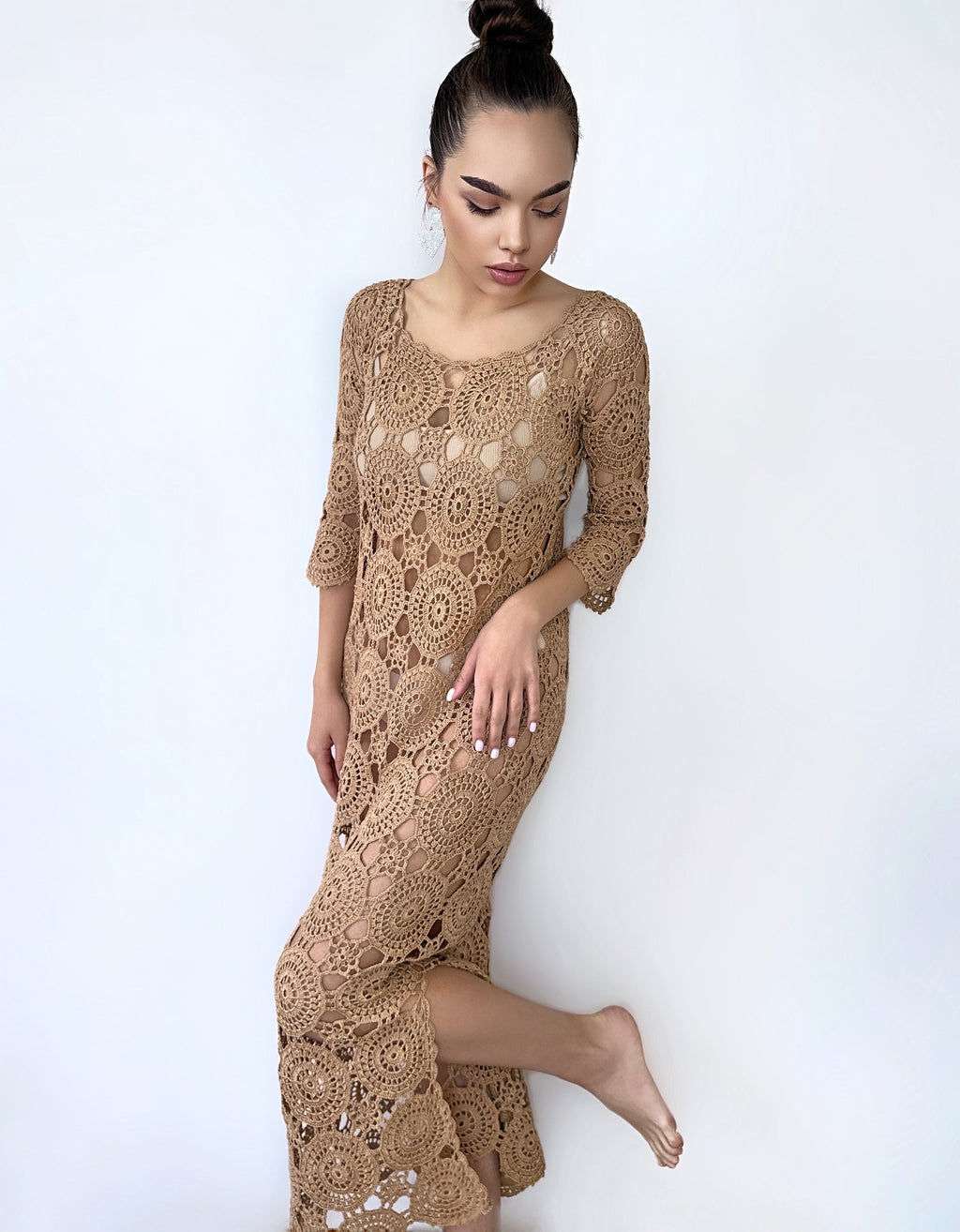 Beach crochet maxi dress for beach wedding Beach cover up Brown beige white midi dress Wedding open back dress Boho maxi summer dress
