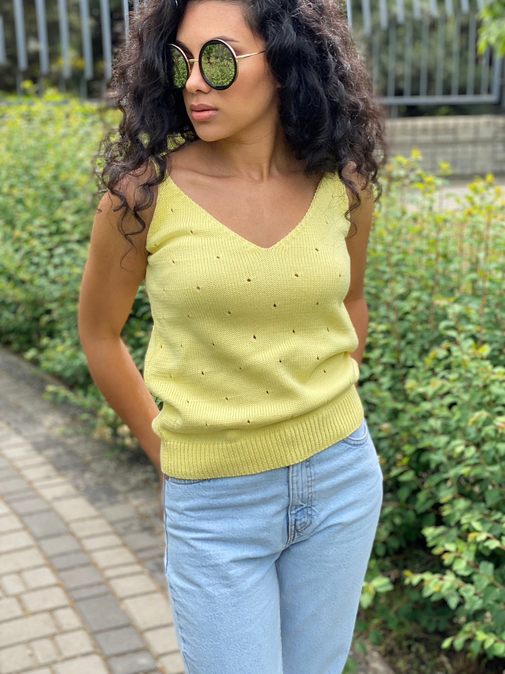Knit yellow organic cotton summer Top Hand Knit Summer vest top Womens Lemon crop top no sleeves T-shirt with straps