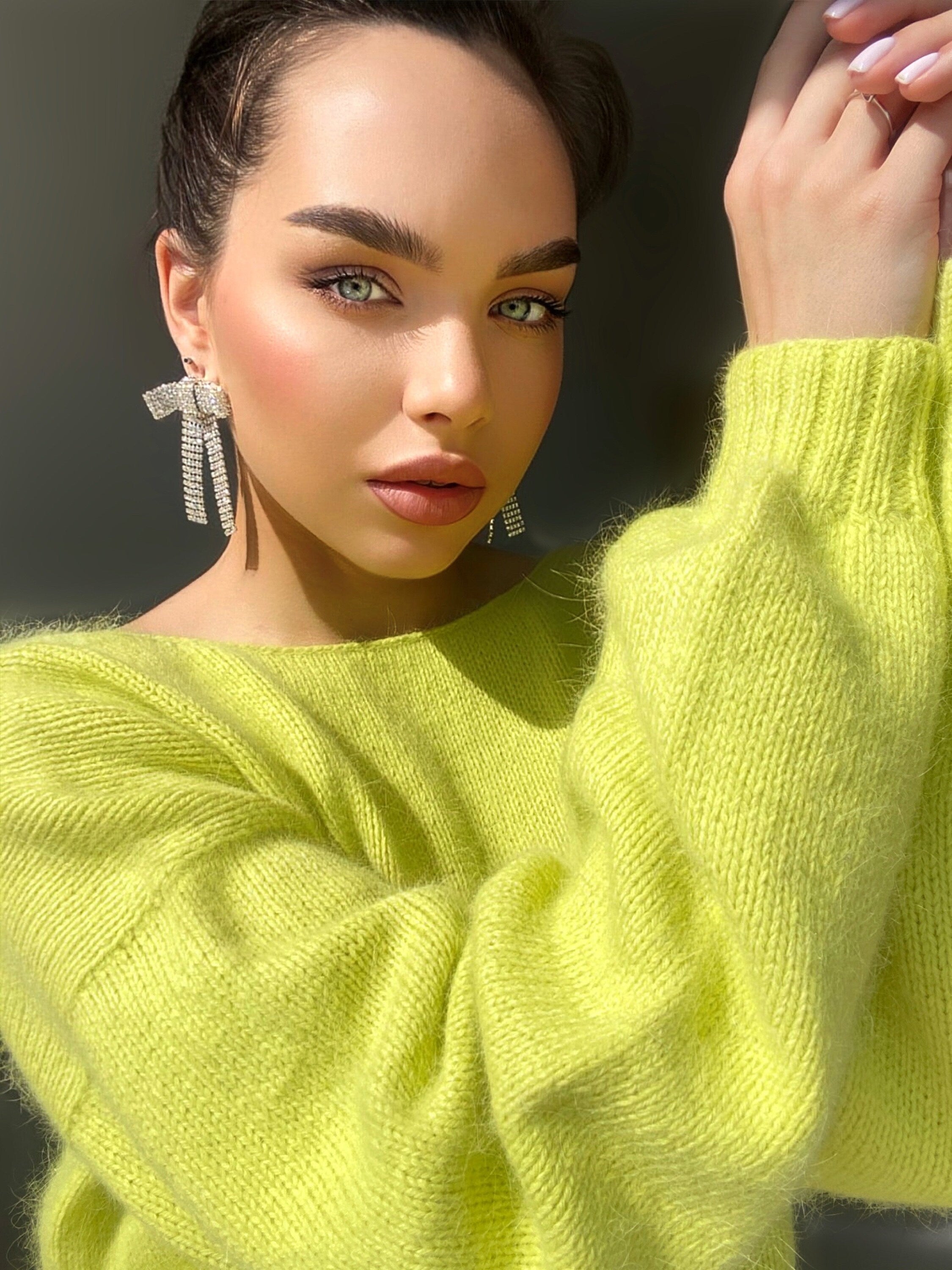 Lemon yellow angora sweater Open back Deep neckline Knit fluffy angora pullover Loose fit oversized V-neck Fluffy Top long sleevs Cozy gift