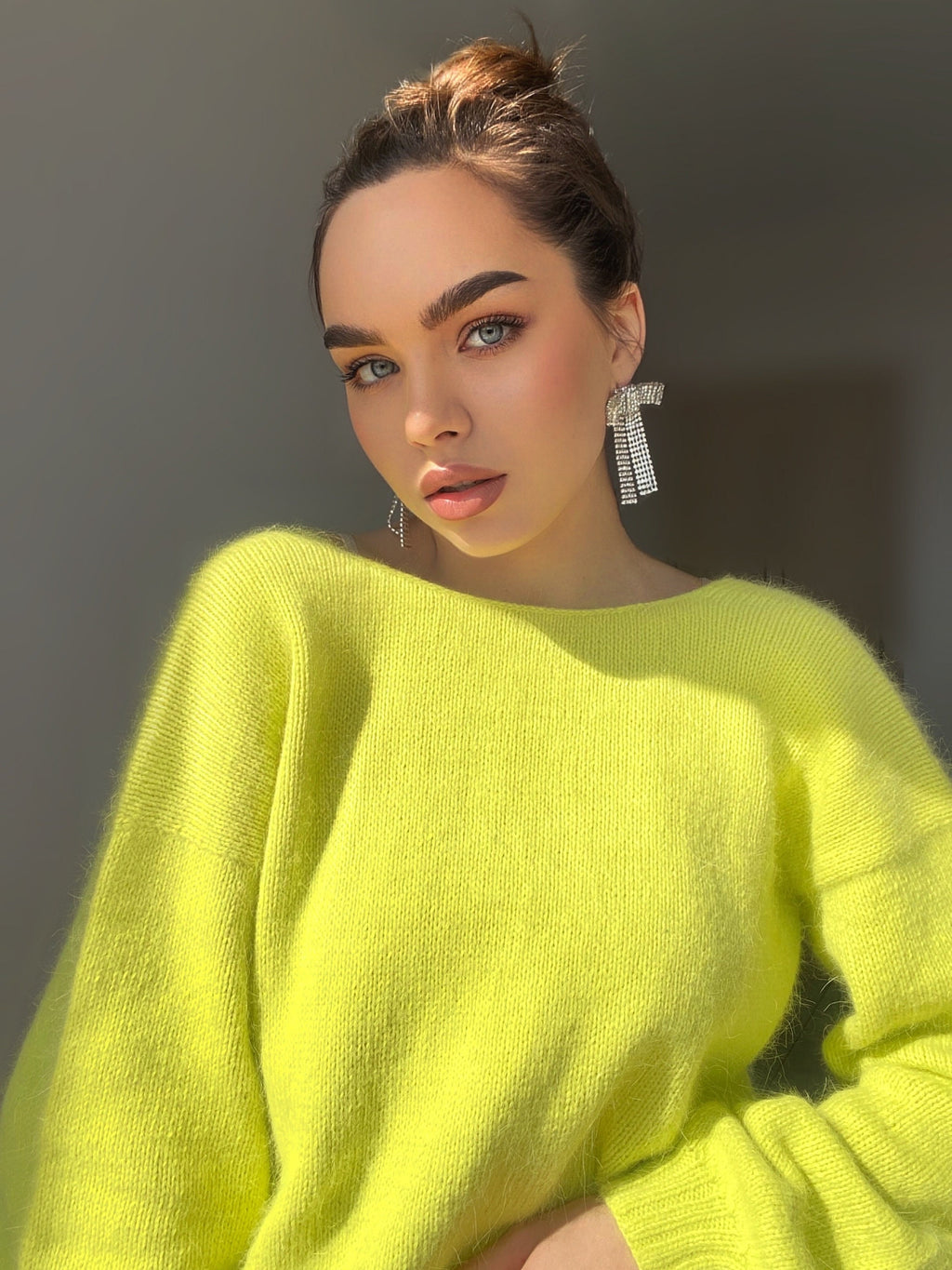Lemon yellow angora sweater Open back Deep neckline Knit fluffy angora pullover Loose fit oversized V-neck Fluffy Top long sleevs Cozy gift