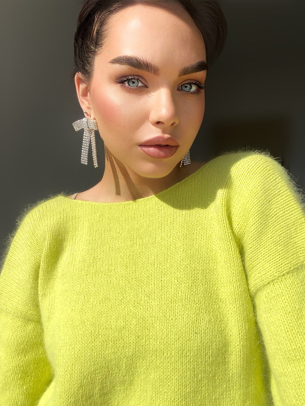 Lemon yellow angora sweater Open back Deep neckline Knit fluffy angora pullover Loose fit oversized V-neck Fluffy Top long sleevs Cozy gift