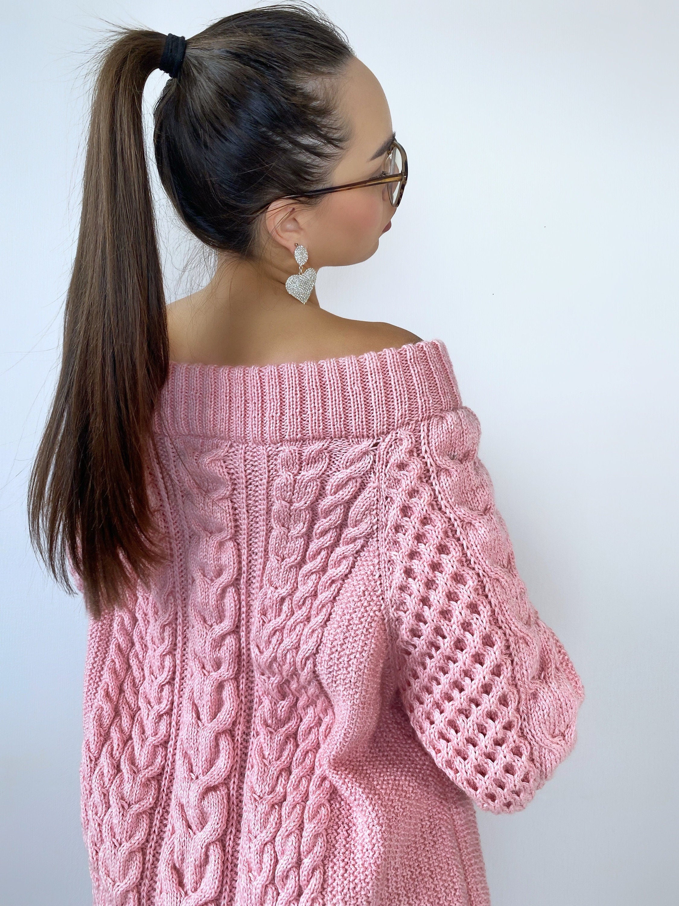 Aran long pink wool hand knit sweater dress open shoulders womens Knitted one shoulder dress Cable knit puff sleeves off shoulder sweater