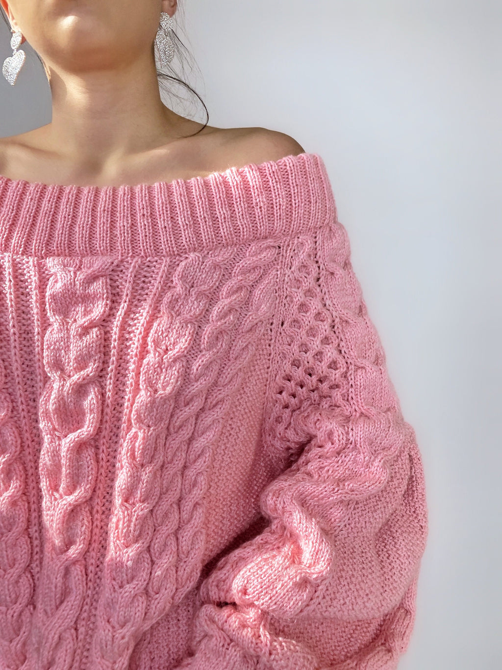 Aran long sweater-dress with open shoulders Pink knitted one shoulder dress Cable knit sweater/wide sleeves/off shoulder sweater for women