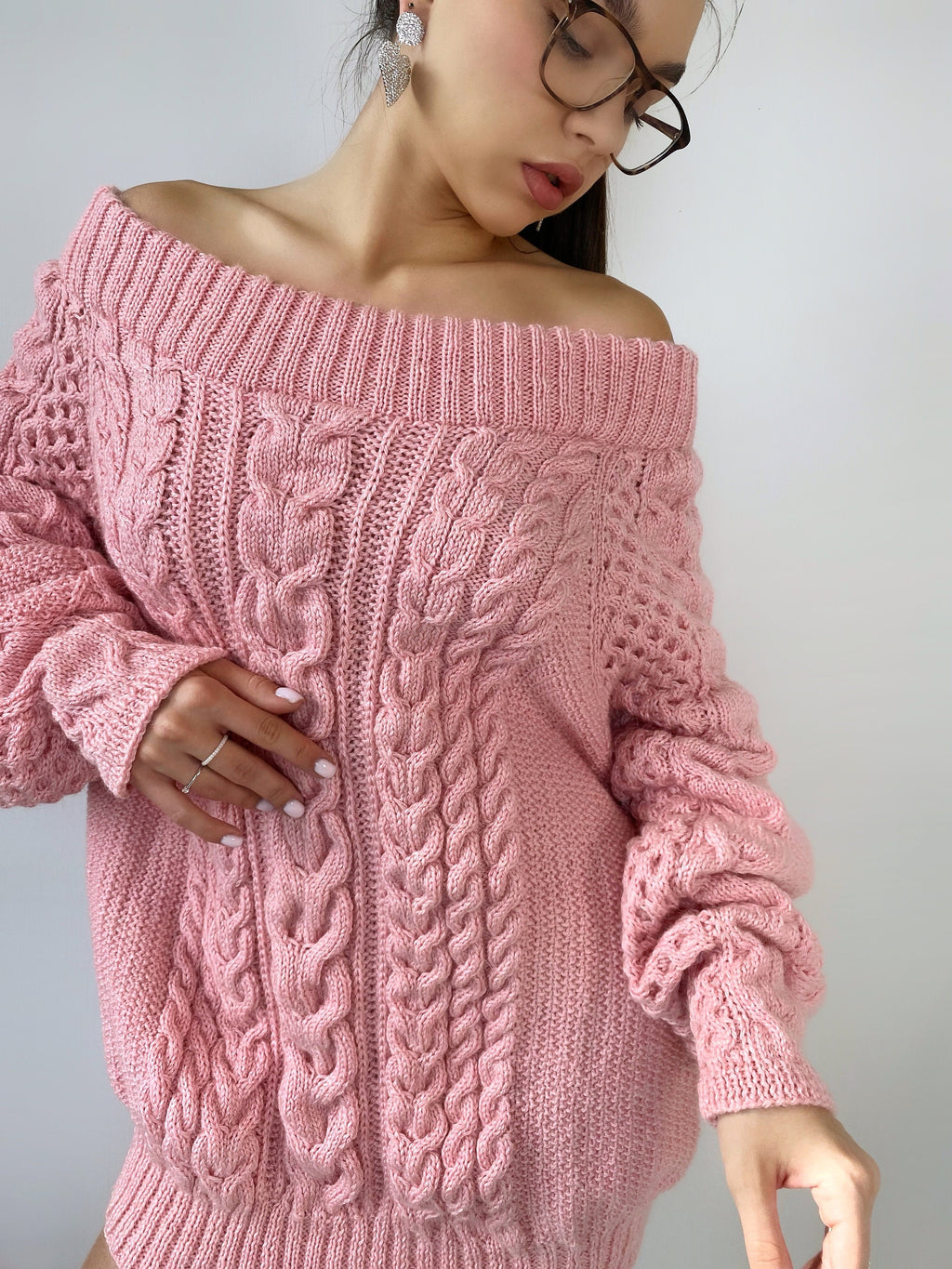 Aran long sweater-dress with open shoulders Pink knitted one shoulder dress Cable knit sweater/wide sleeves/off shoulder sweater for women