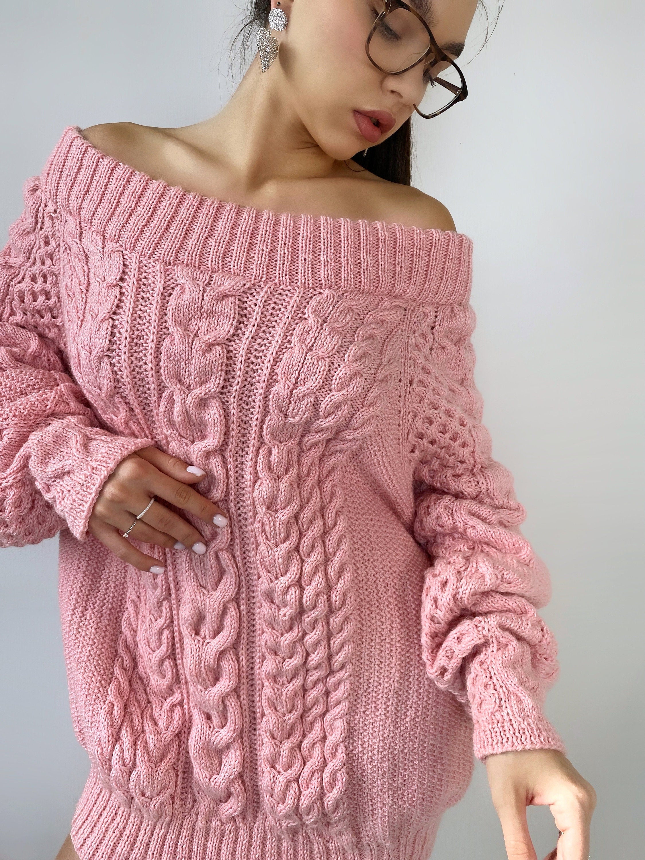 Aran long sweater-dress with open shoulders Pink knitted one shoulder dress Cable knit sweater/wide sleeves/off shoulder sweater for women