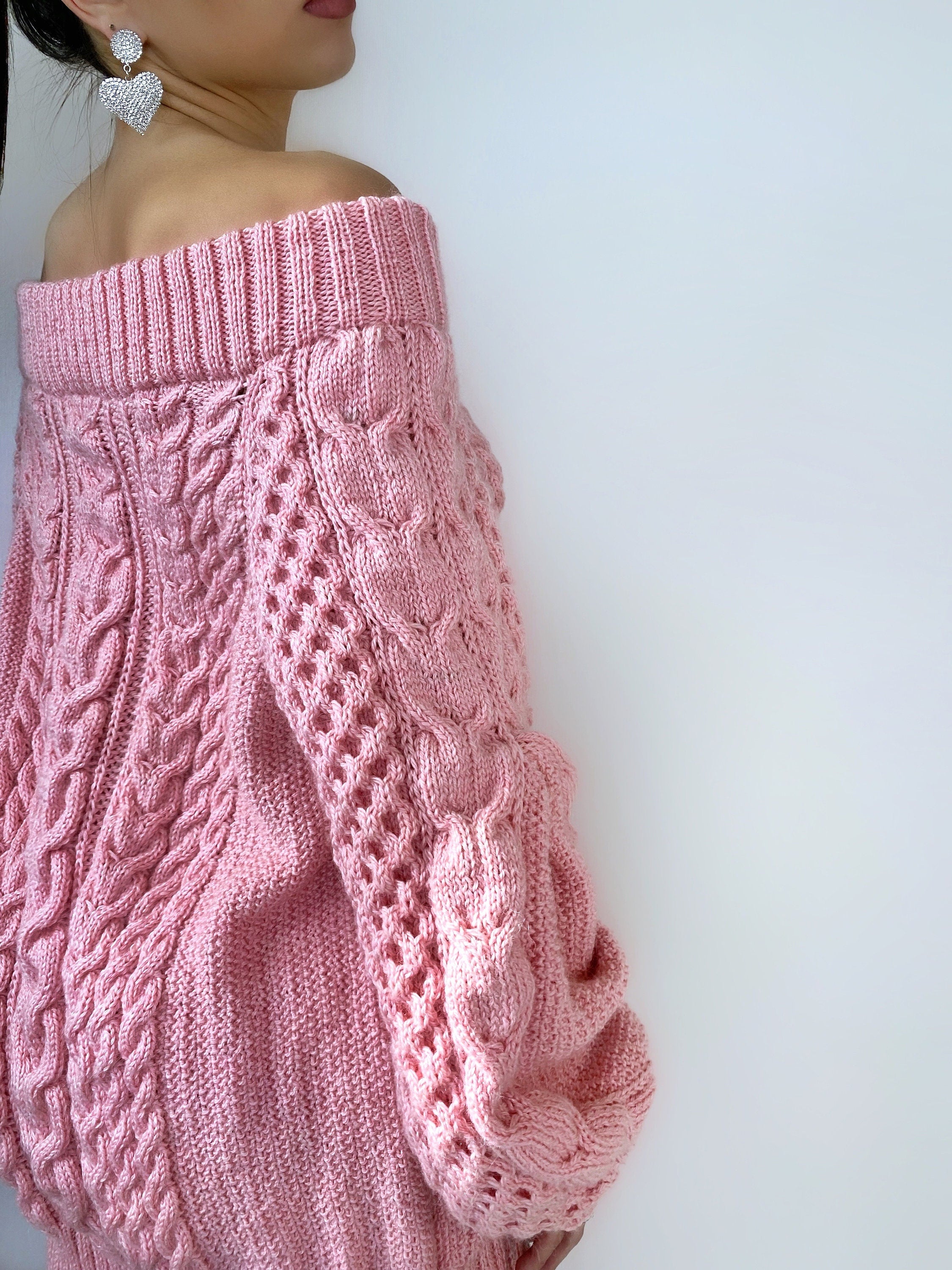 Aran long sweater-dress with open shoulders Pink knitted one shoulder dress Cable knit sweater/wide sleeves/off shoulder sweater for women