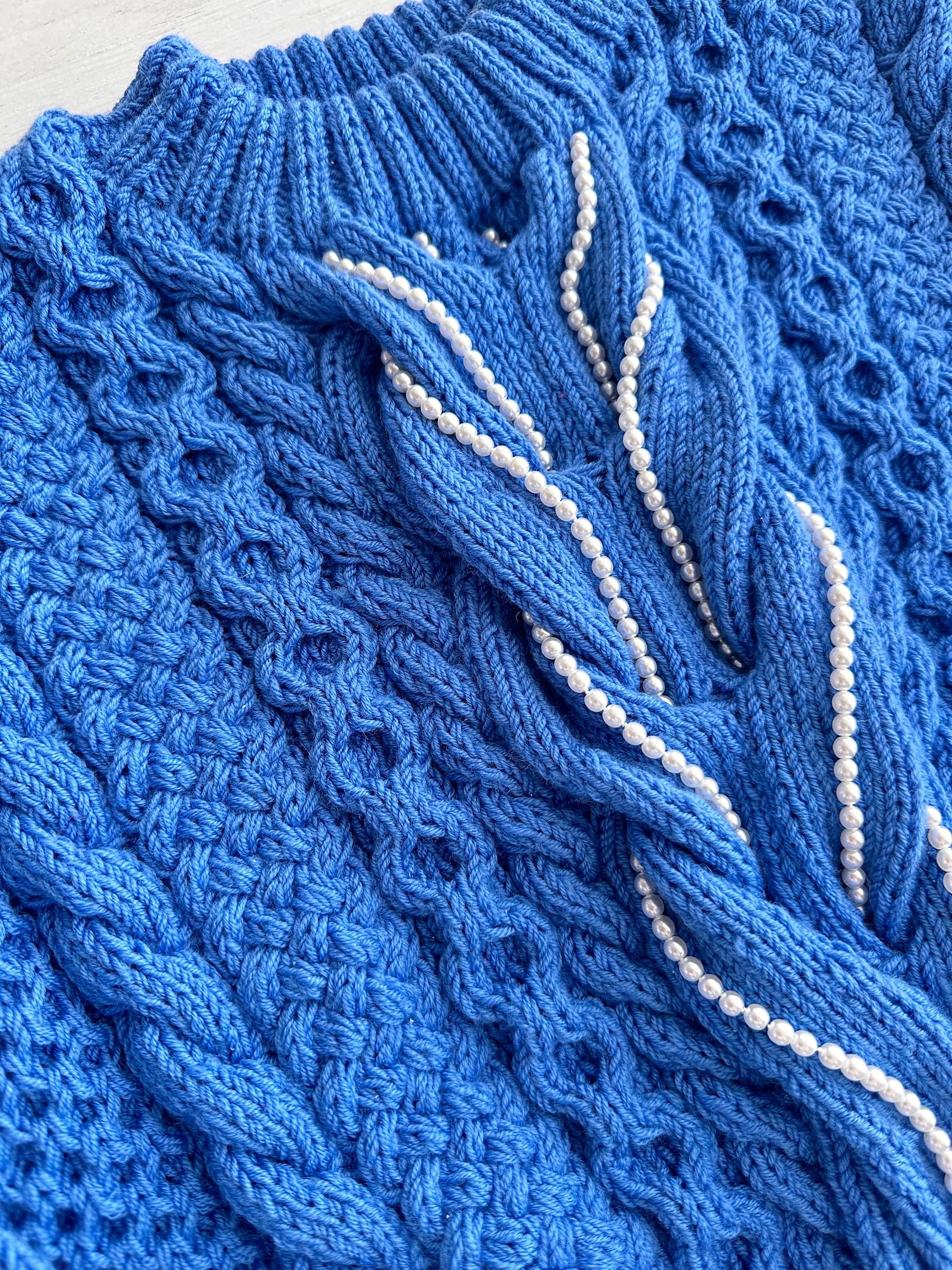 Cropped blue sweater hand knitted braid embellishment beads pearl Knit Merino chunky knit pullover Chunky softy jumper Cable knit sweater
