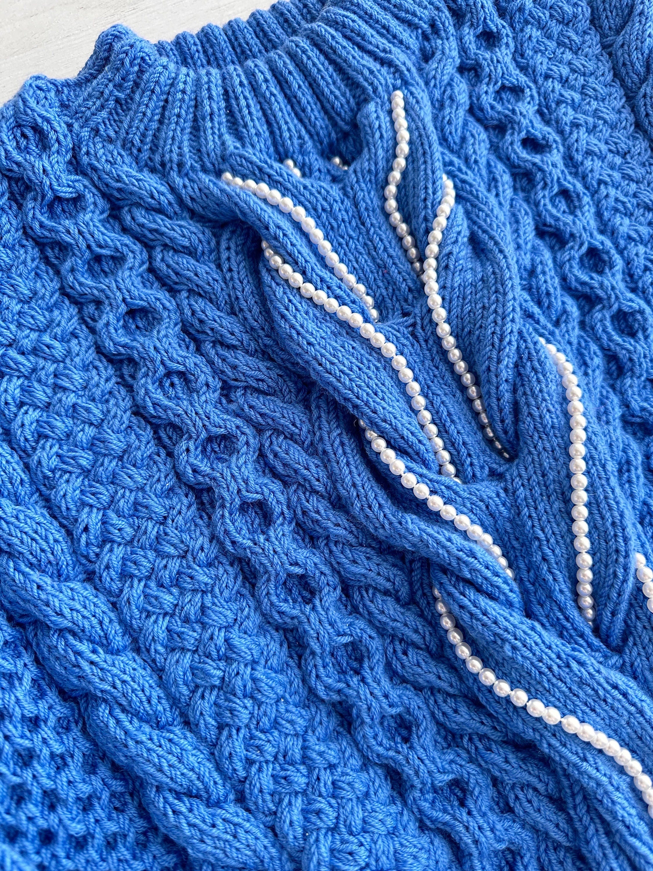 Crop blue sweater hand knitted braid embellishment beads pearl Knit Merino chunky knit pullover Chunky softy jumper Cable knit sweater