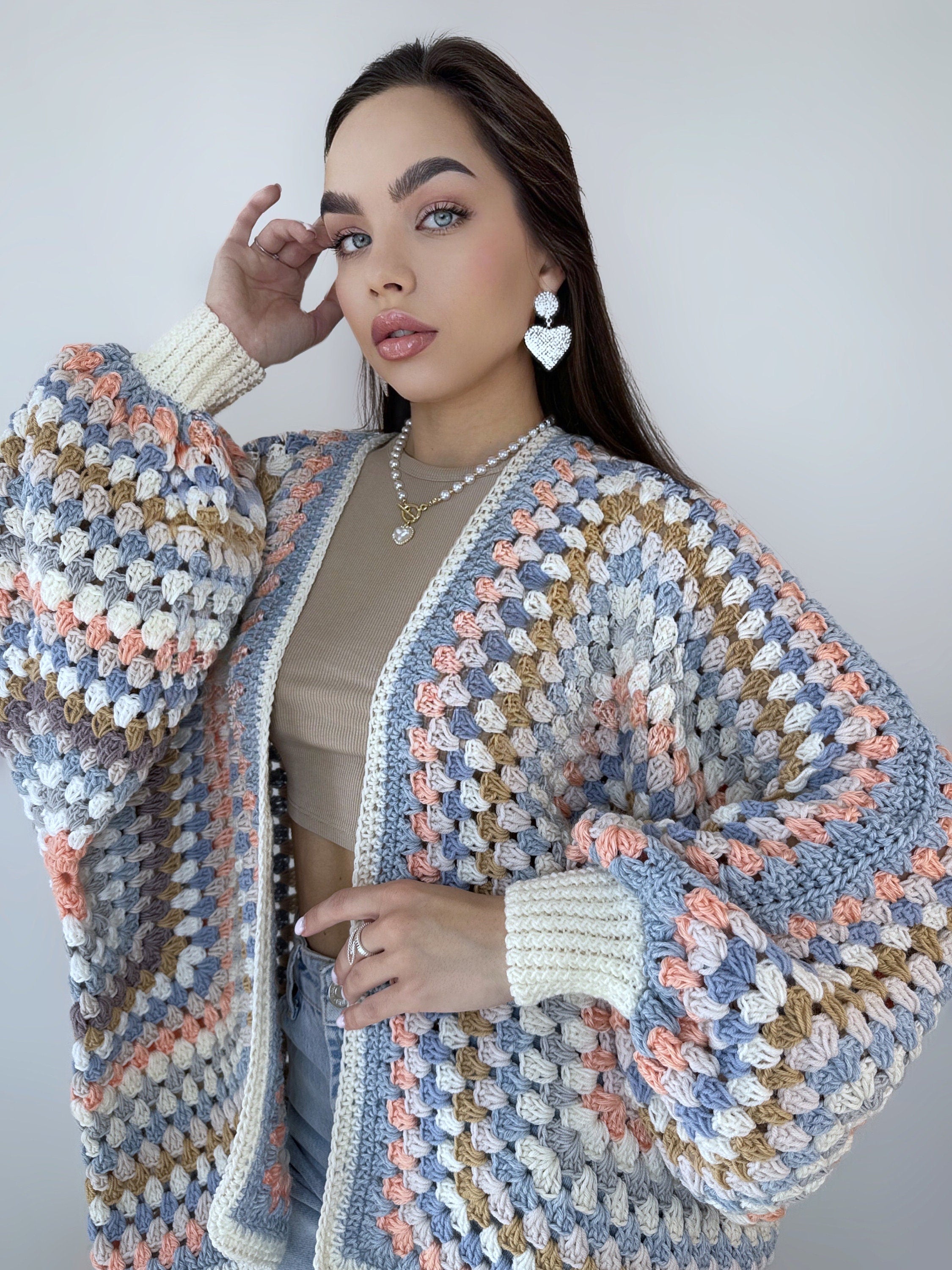 Pastel Crochet granny square cardigan Crochet kimono colorful cardigan Granny Stitch women Jacket coat Boho cardigan Afghan Hexagon Coat