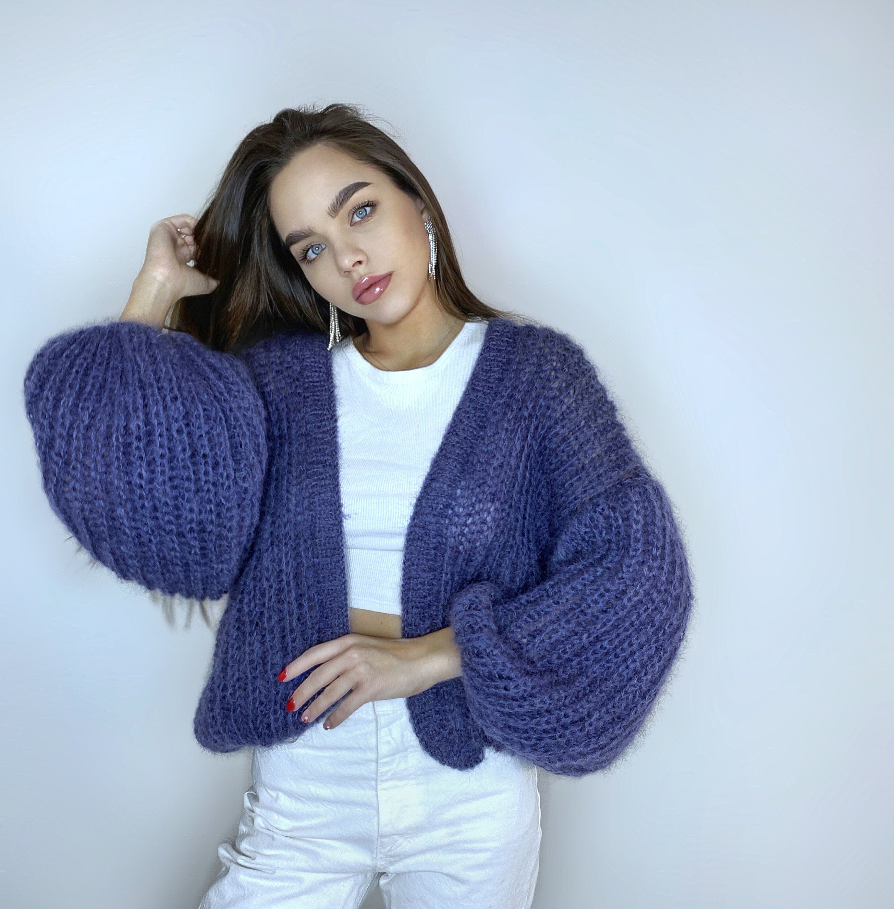 Mohair cardigan women Wedding cardigan Mohair sweater Dark blue knitted coat Jacket Women Bridal shrug bolero wool Fluffy short cardigan