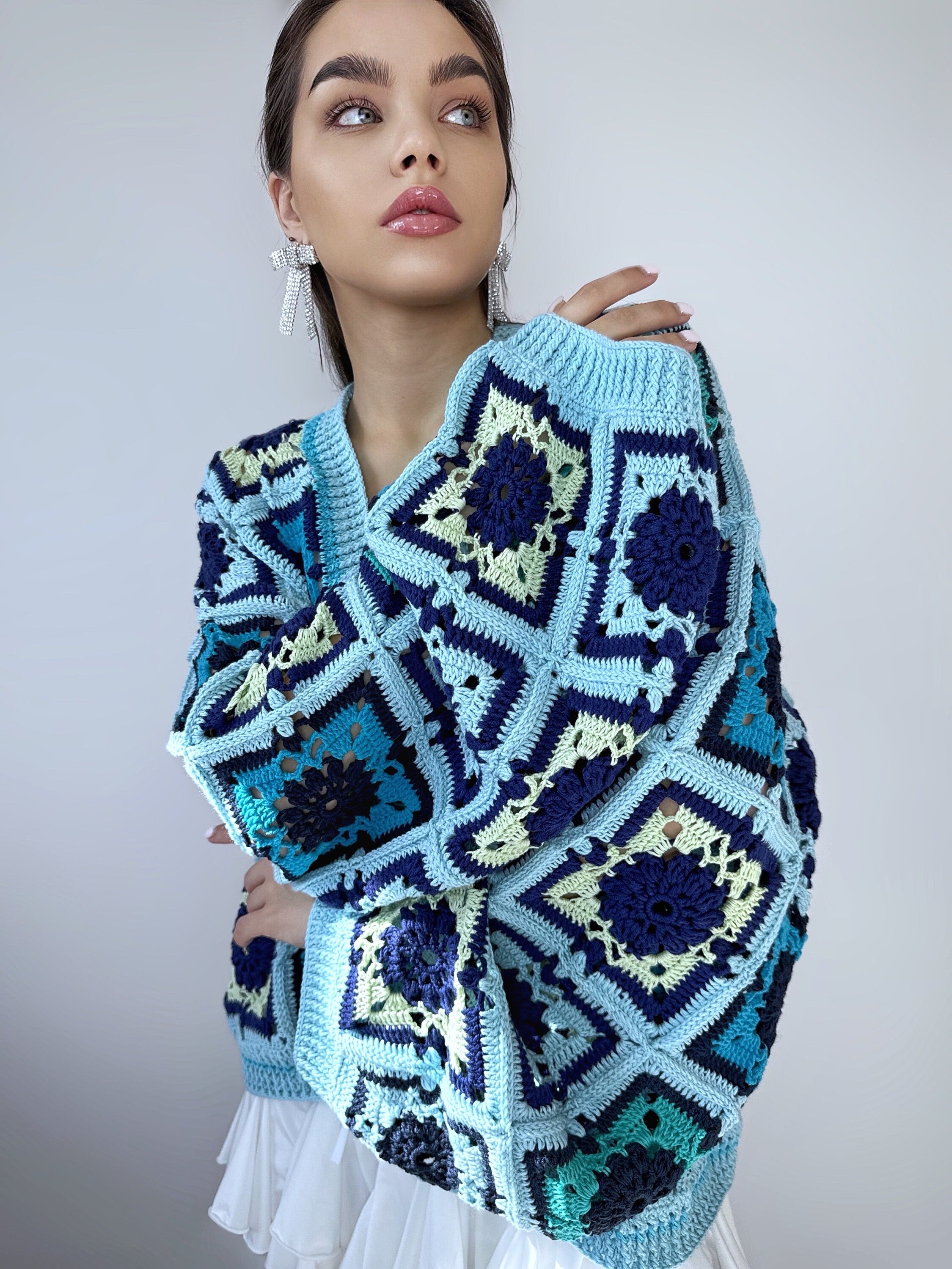 Crochet colorful organc cotton blue green granny square cardigan Floral Patchwork bomber women Jacket coat Boho cardigan Afghan Coat Festiva