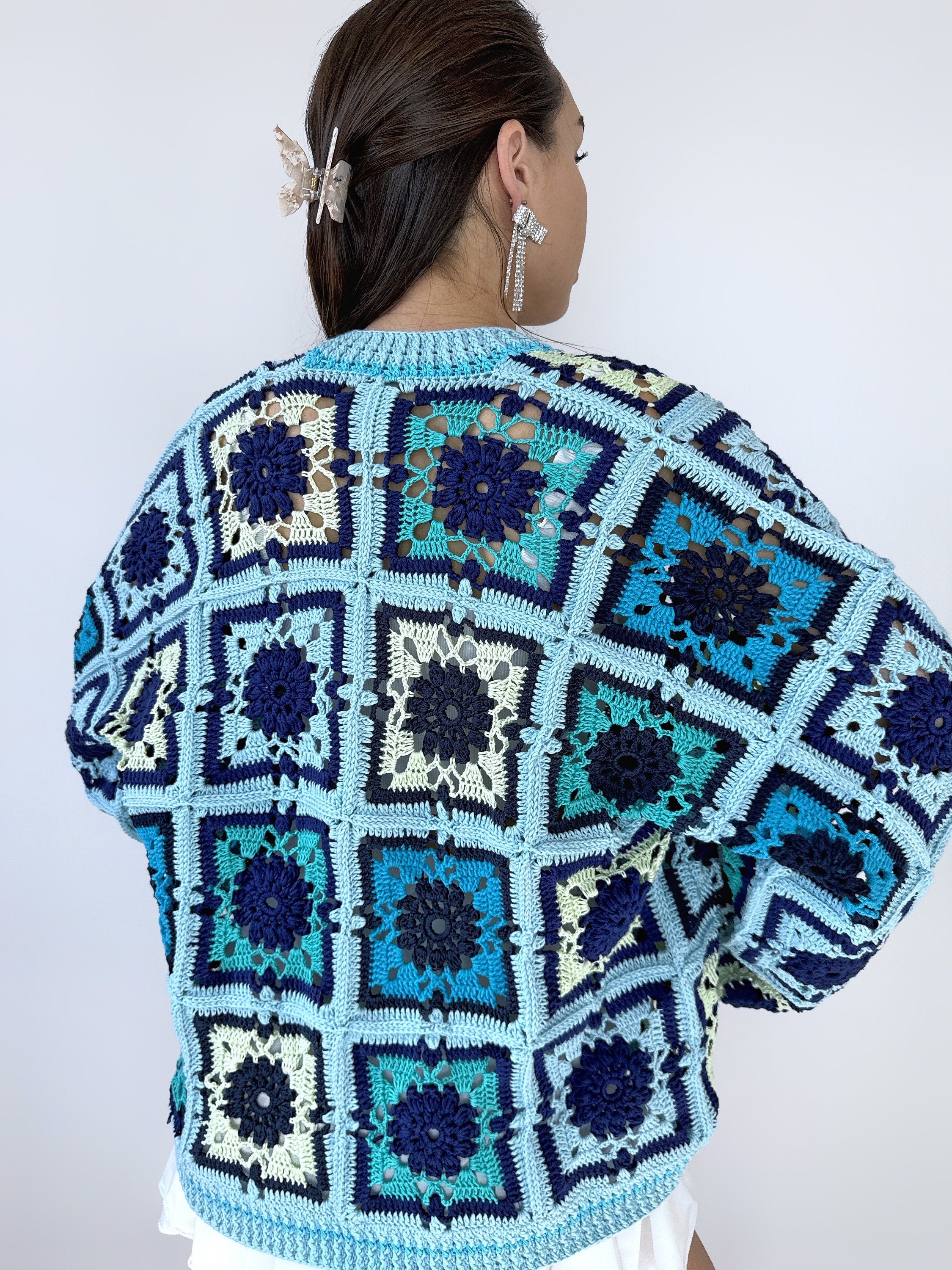 Crochet colorful organc cotton blue green granny square cardigan Floral Patchwork bomber women Jacket coat Boho cardigan Afghan Coat Festiva