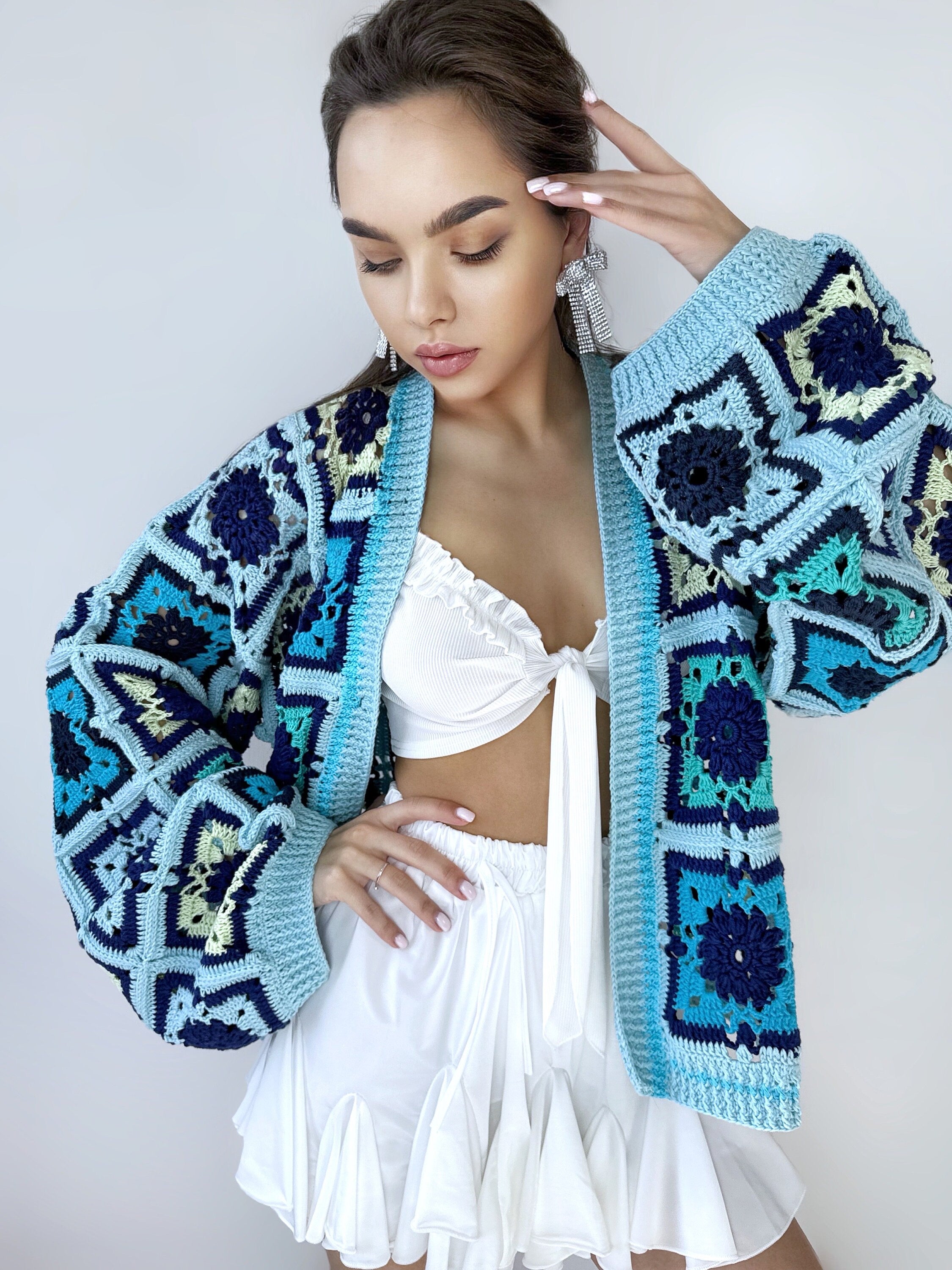 Crochet colorful organc cotton blue green granny square cardigan Floral Patchwork bomber women Jacket coat Boho cardigan Afghan Coat Festiva