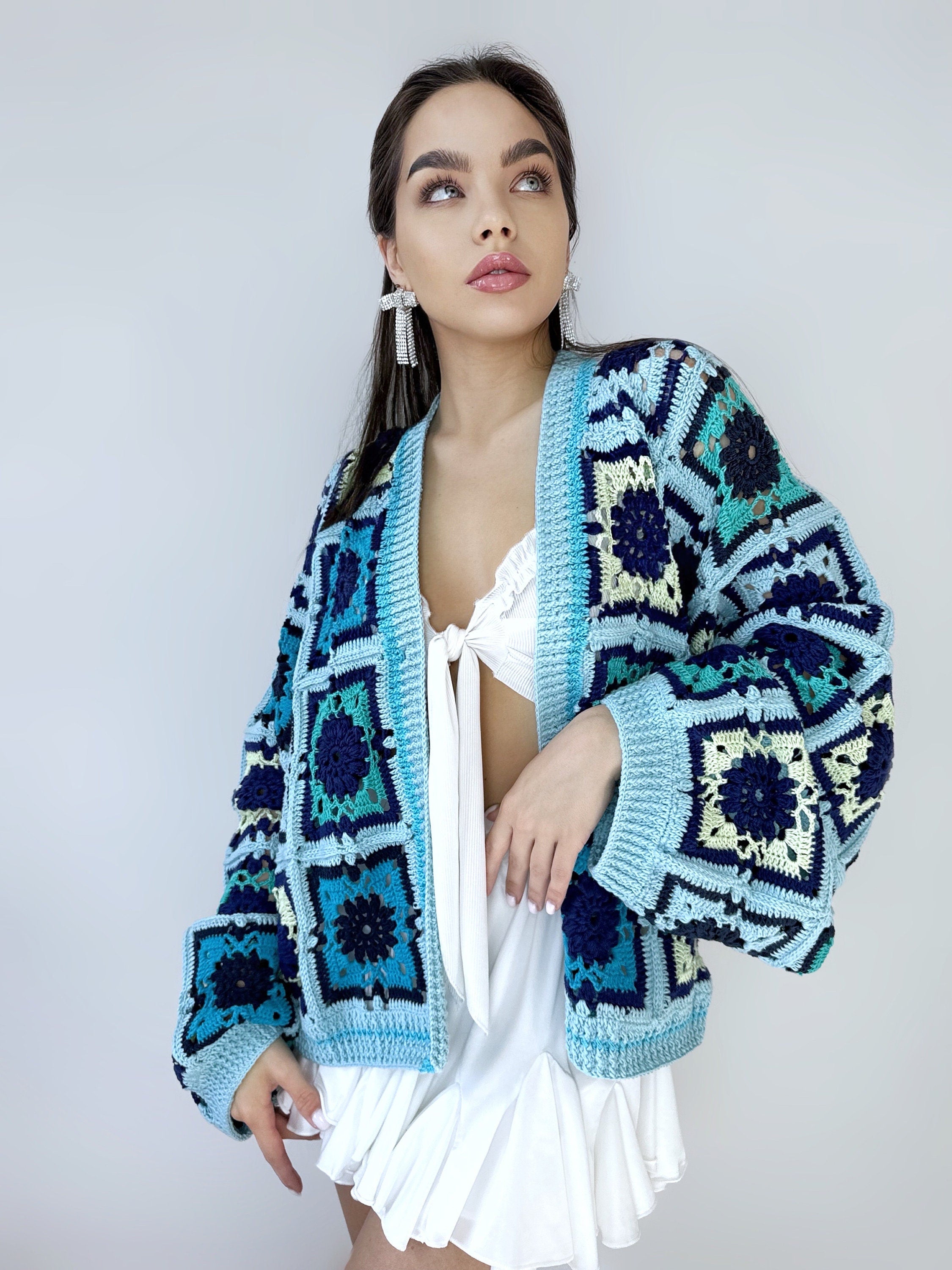 Crochet colorful organc cotton blue green granny square cardigan Floral Patchwork bomber women Jacket coat Boho cardigan Afghan Coat Festiva