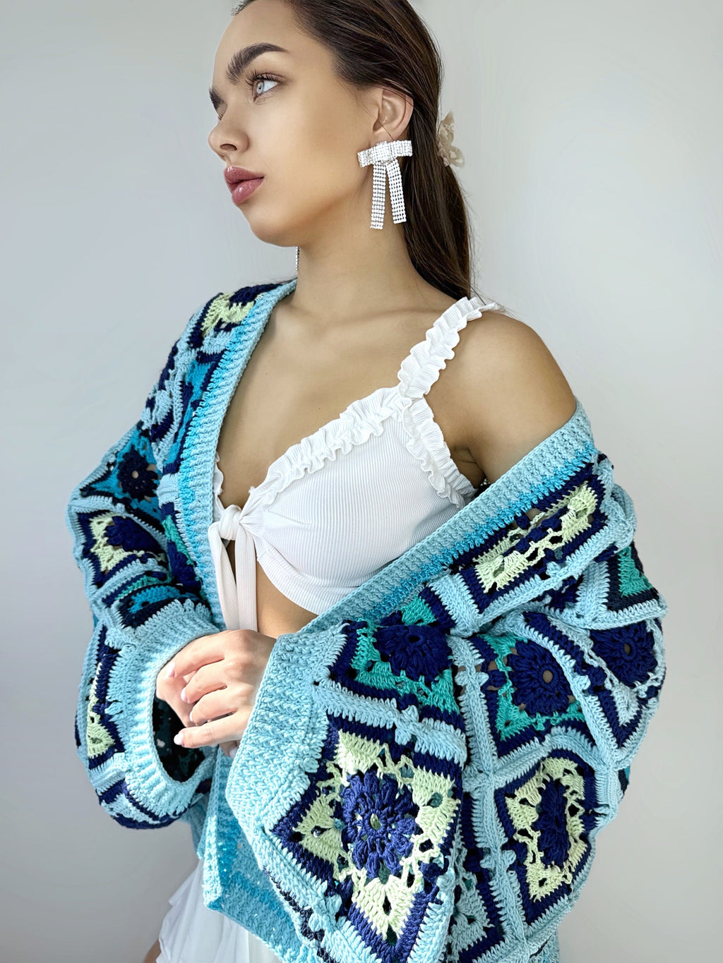 Crochet colorful organc cotton blue green granny square cardigan Floral Patchwork bomber women Jacket coat Boho cardigan Afghan Coat Festiva