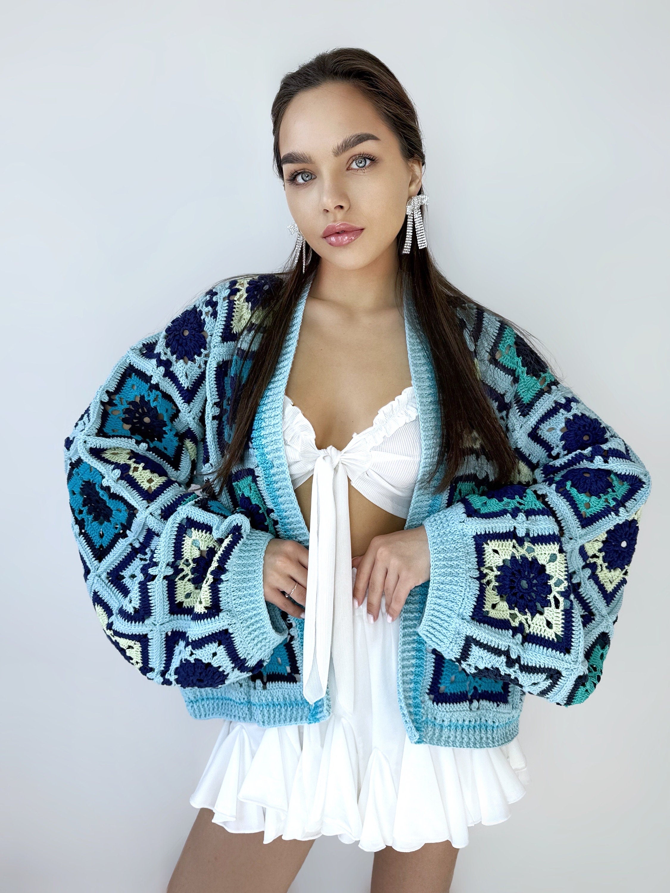 Crochet colorful organc cotton blue green granny square cardigan Floral Patchwork bomber women Jacket coat Boho cardigan Afghan Coat Festiva