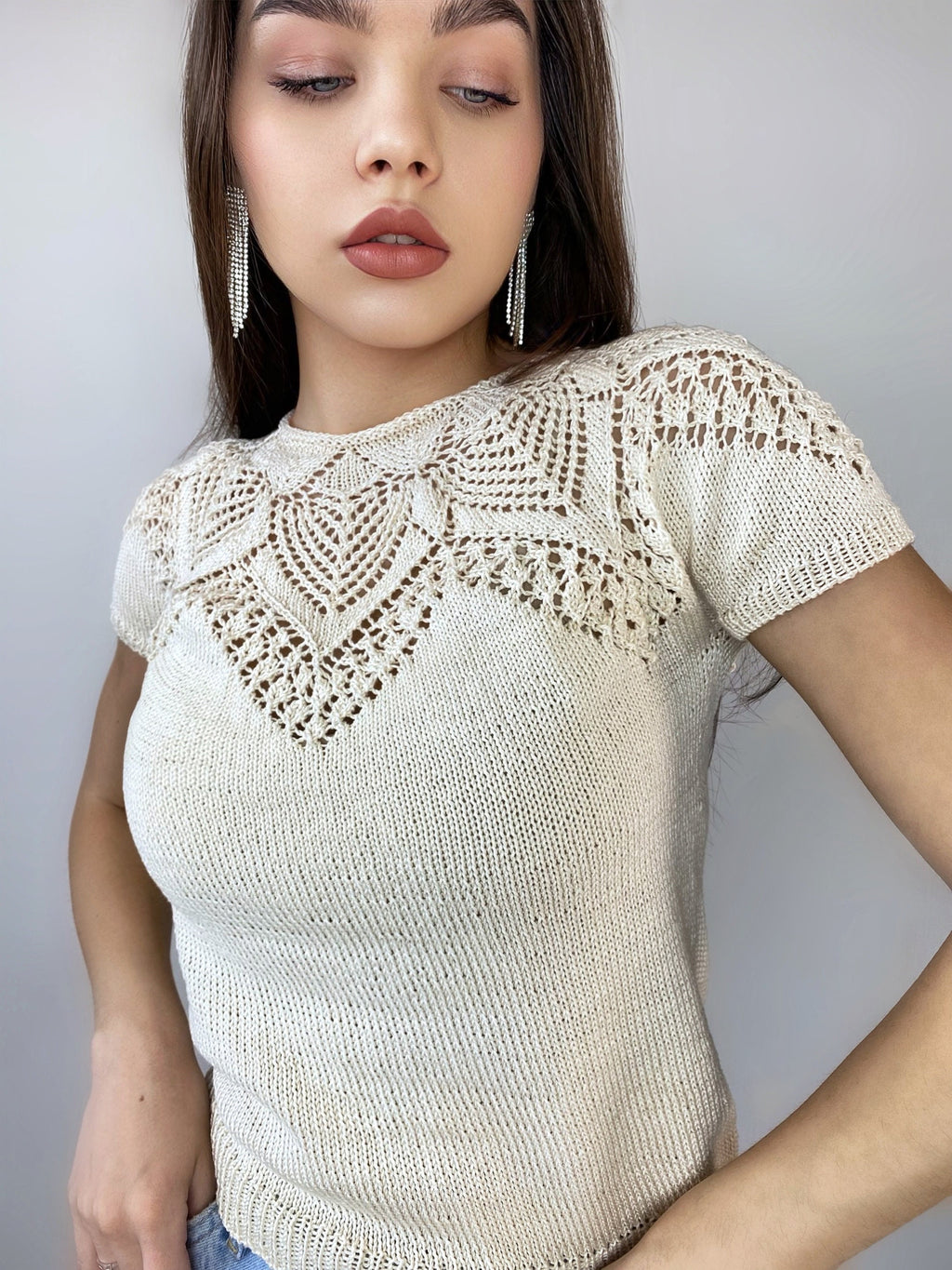 Knit cotton openwork top T-shirt women Slim Beige Sweater short-sleeve Eco Friendly Pullover Knitted Cape Bridal sweater Croche pullover