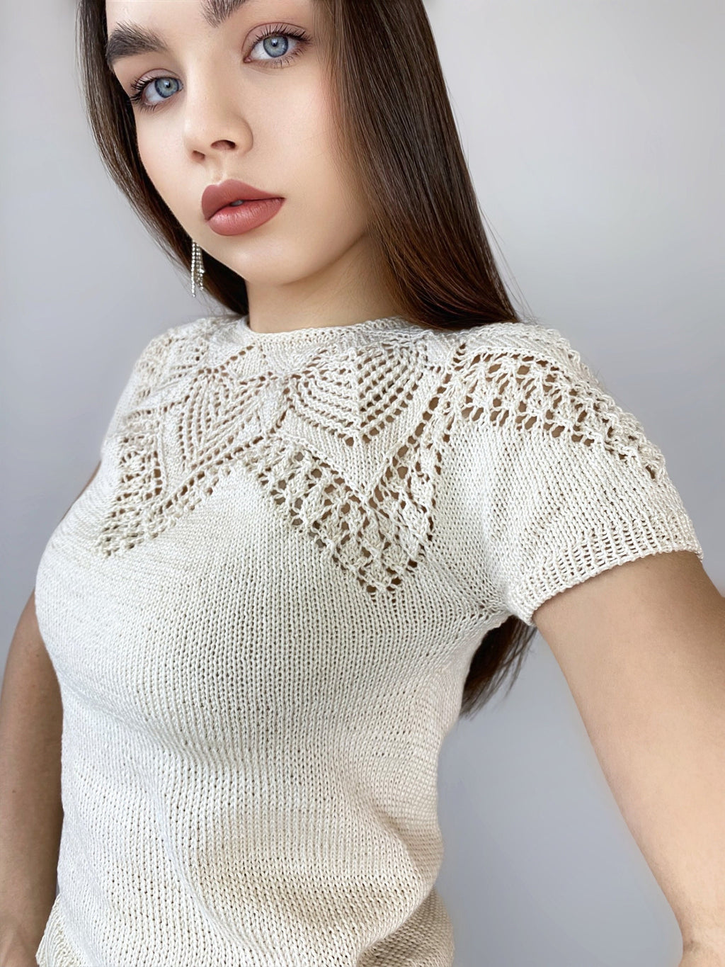 Knit cotton openwork top T-shirt women Slim Beige Sweater short-sleeve Eco Friendly Pullover Knitted Cape Bridal sweater Croche pullover