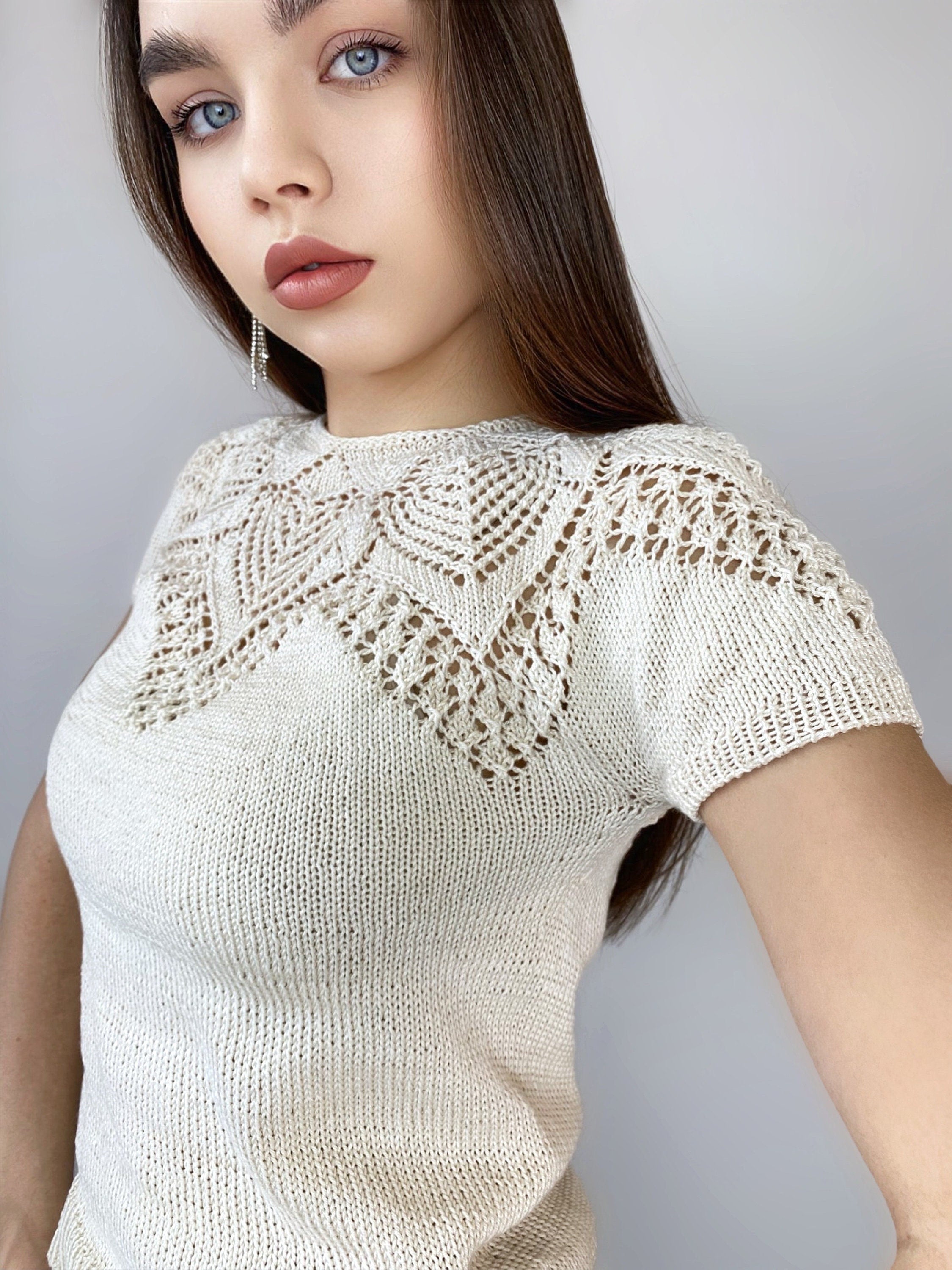 Knit cotton openwork top T-shirt women Slim Beige Sweater short-sleeve Eco Friendly Pullover Knitted Cape Bridal sweater Croche pullover