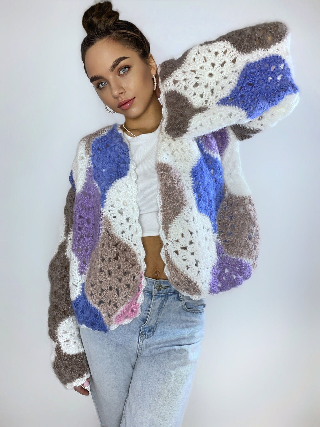 Mohair fluffy crochet cardigan for women patchwork Balloon sleeves Mohair knit sweater Multicolor knitted coat Jacket Women cardigan boler