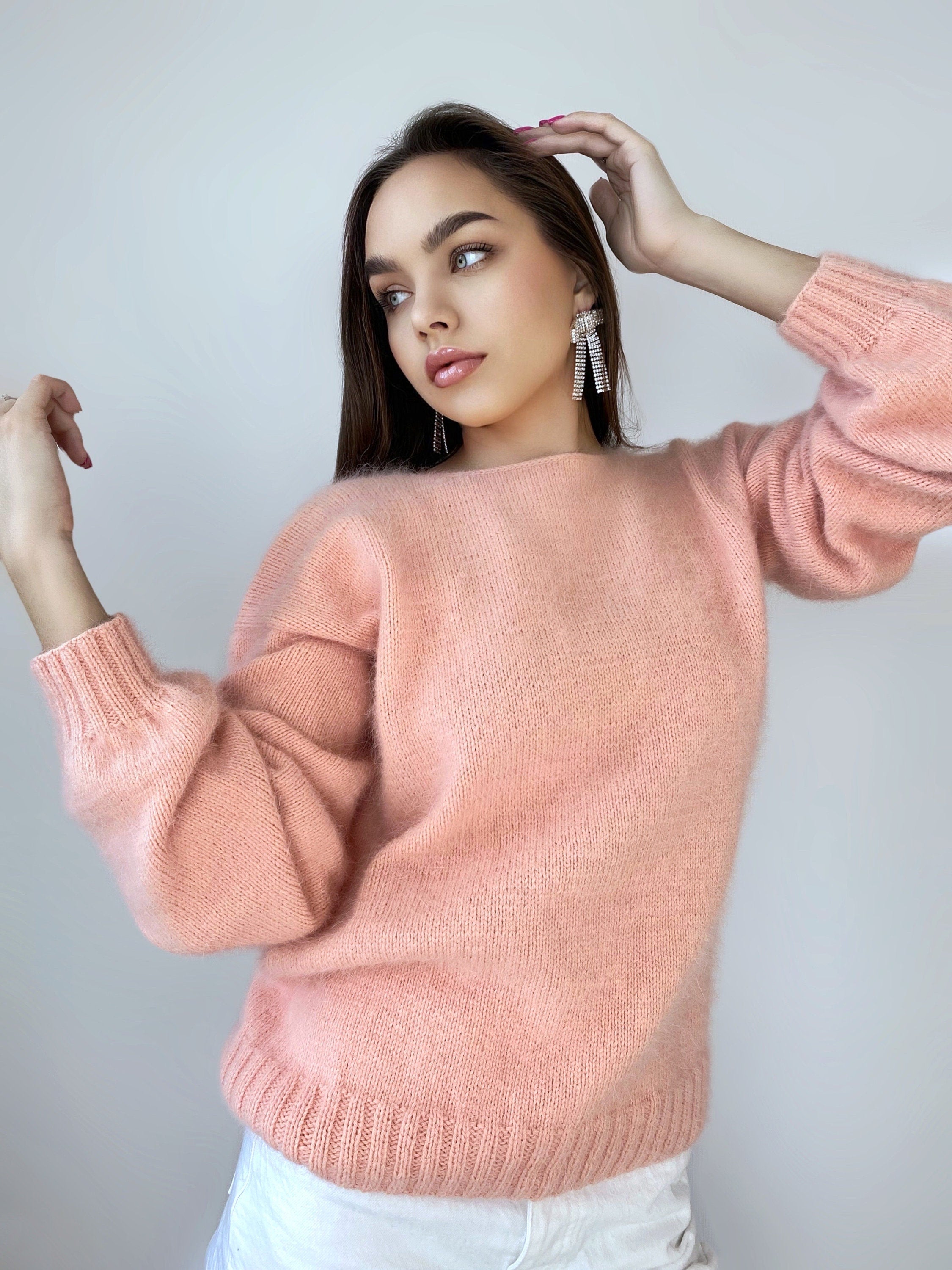 Peach knit angora sweater Open back Deep neckline Fluffy Pink angora pullover Loose fit oversized V-neck Fluffy Top long sleevs Cozy gift