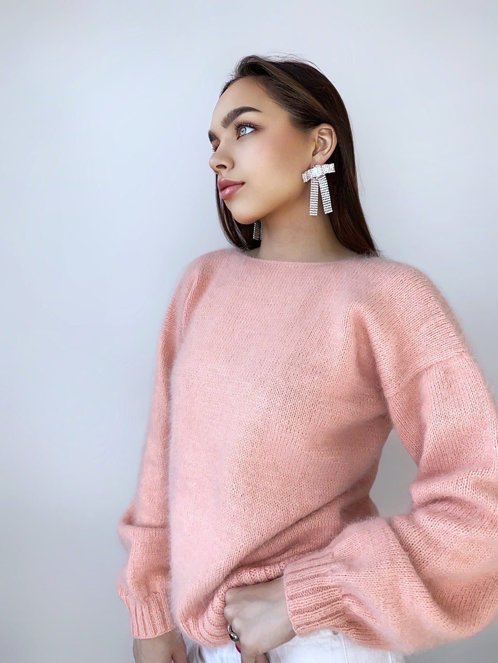 Peach knit angora sweater Open back Deep neckline Fluffy Pink angora pullover Loose fit oversized V-neck Fluffy Top long sleevs Cozy gift