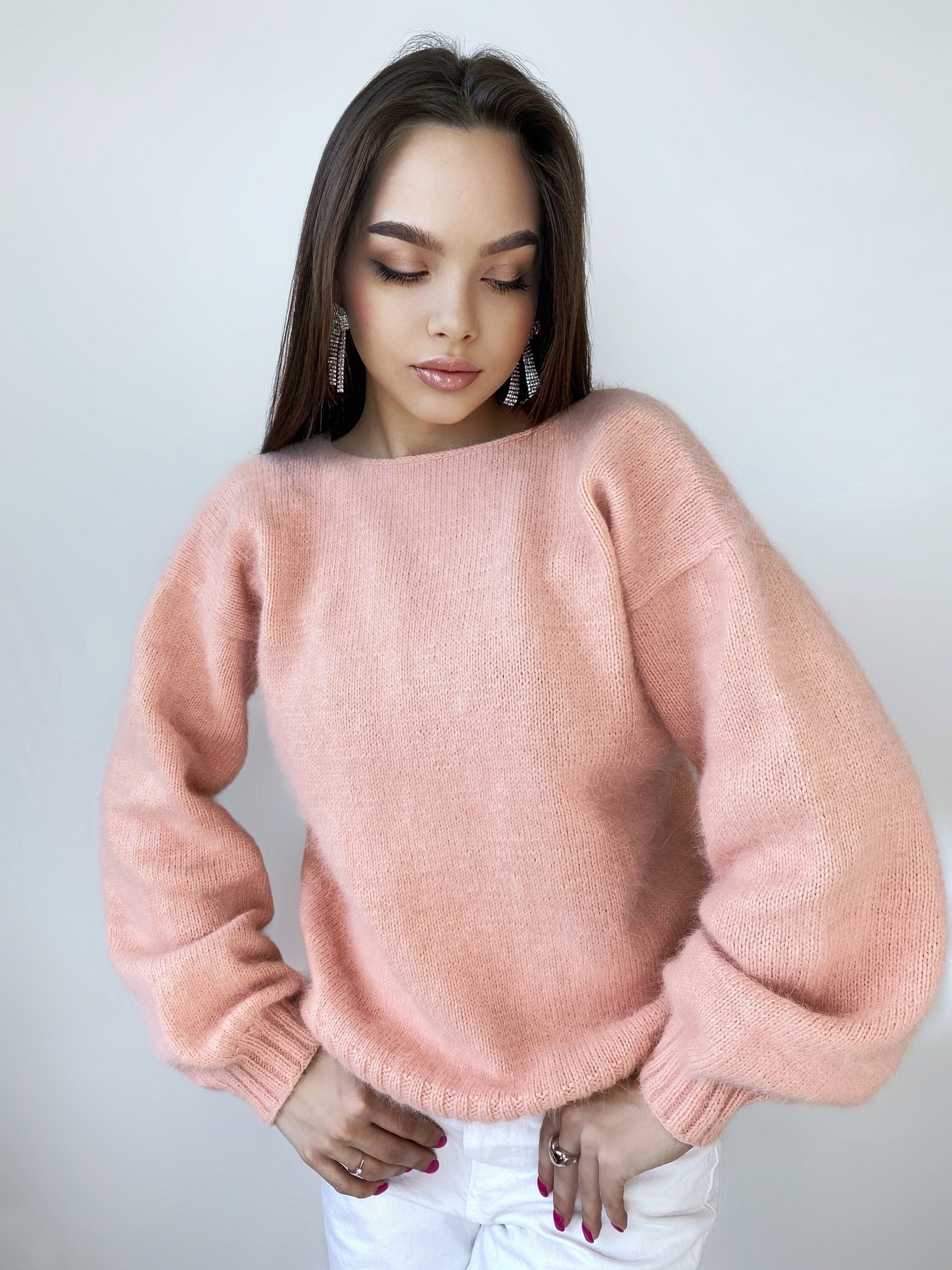 Peach knit angora sweater Open back Deep neckline Fluffy Pink angora pullover Loose fit oversized V-neck Fluffy Top long sleevs Cozy gift