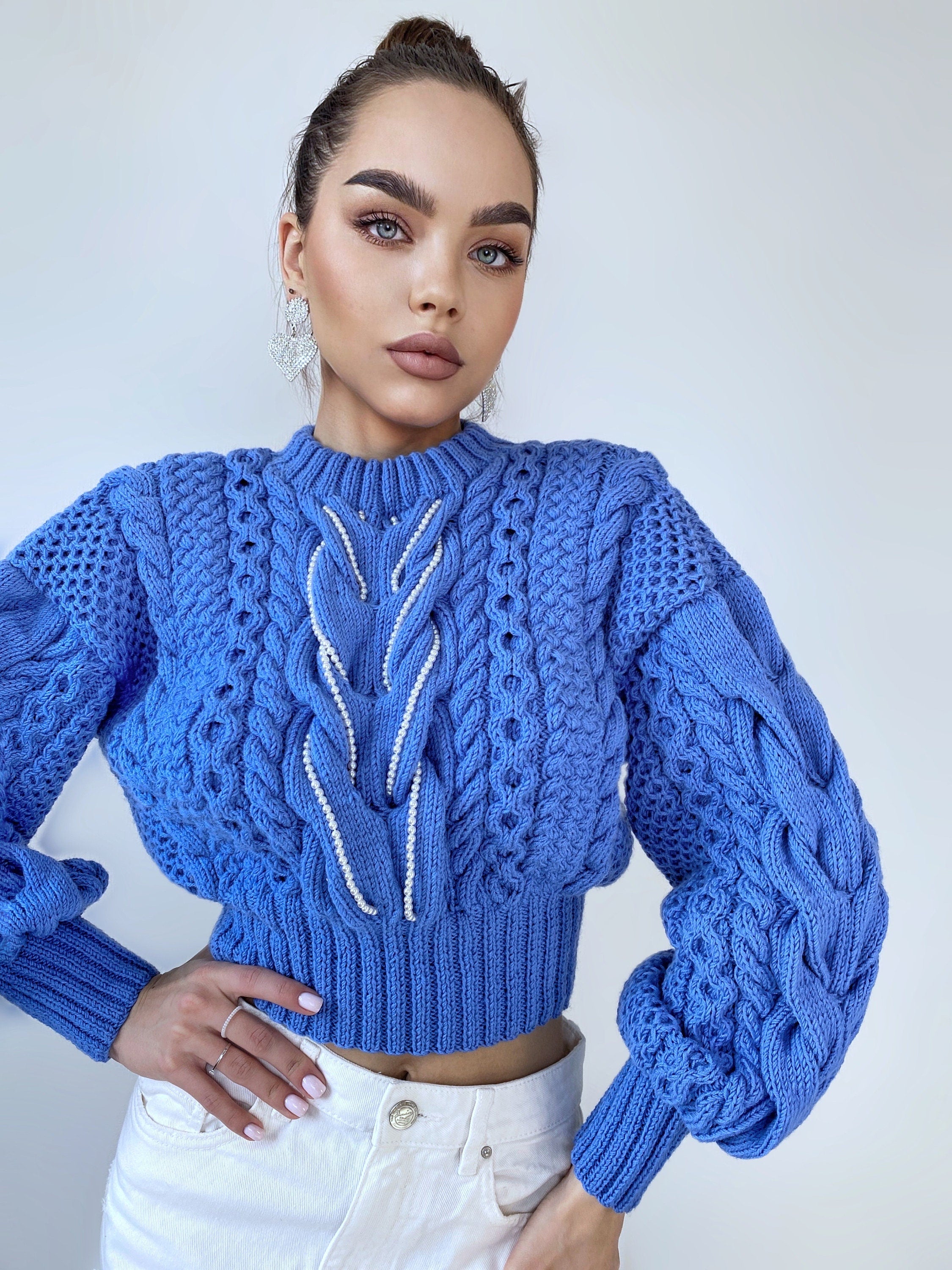 Cropped hand knit merino wool softy blue sweater knitted braid embellishment beads pearl Chunky knit pullover Crop jumper Cable knit sweater