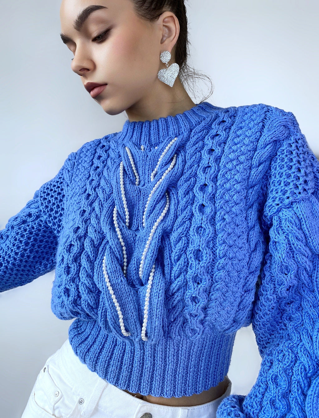 Crop blue sweater hand knitted braid embellishment beads pearl Knit Merino chunky knit pullover Chunky softy jumper Cable knit sweater