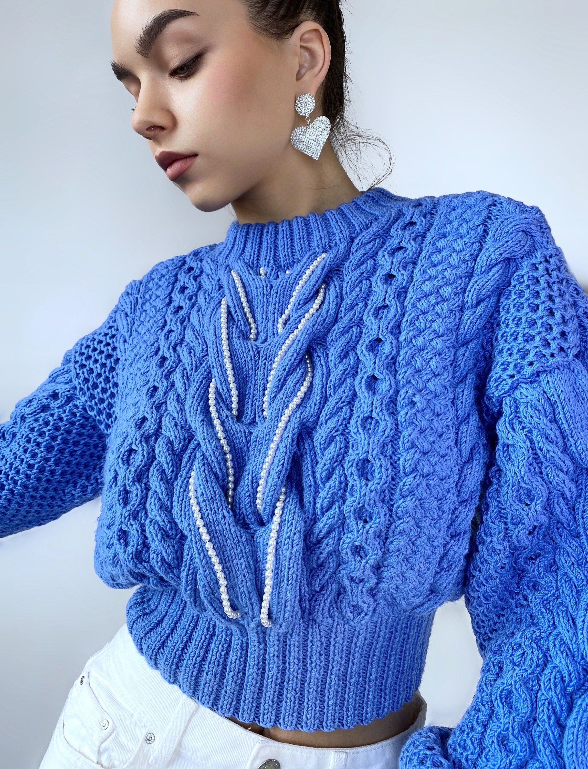 Crop blue sweater hand knitted braid embellishment beads pearl Knit Merino chunky knit pullover Chunky softy jumper Cable knit sweater
