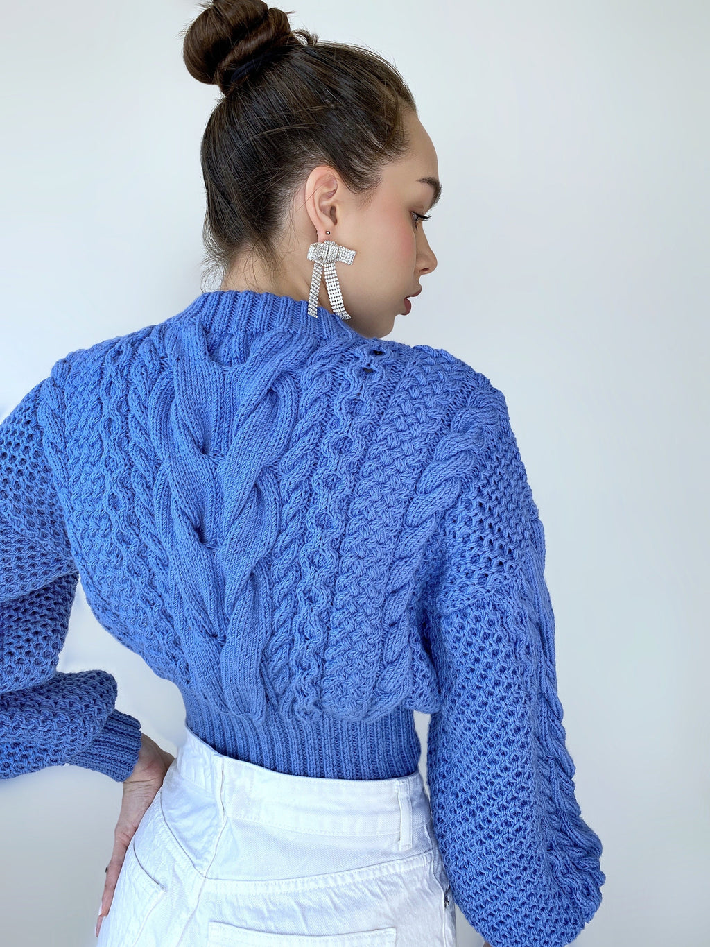 Cropped hand knit merino wool softy blue sweater knitted braid embellishment beads pearl Chunky knit pullover Crop jumper Cable knit sweater