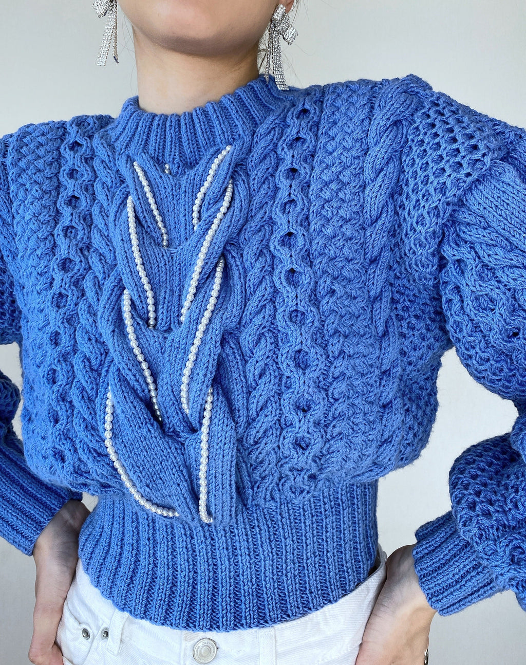 Cropped hand knit merino wool softy blue sweater knitted braid embellishment beads pearl Chunky knit pullover Crop jumper Cable knit sweater