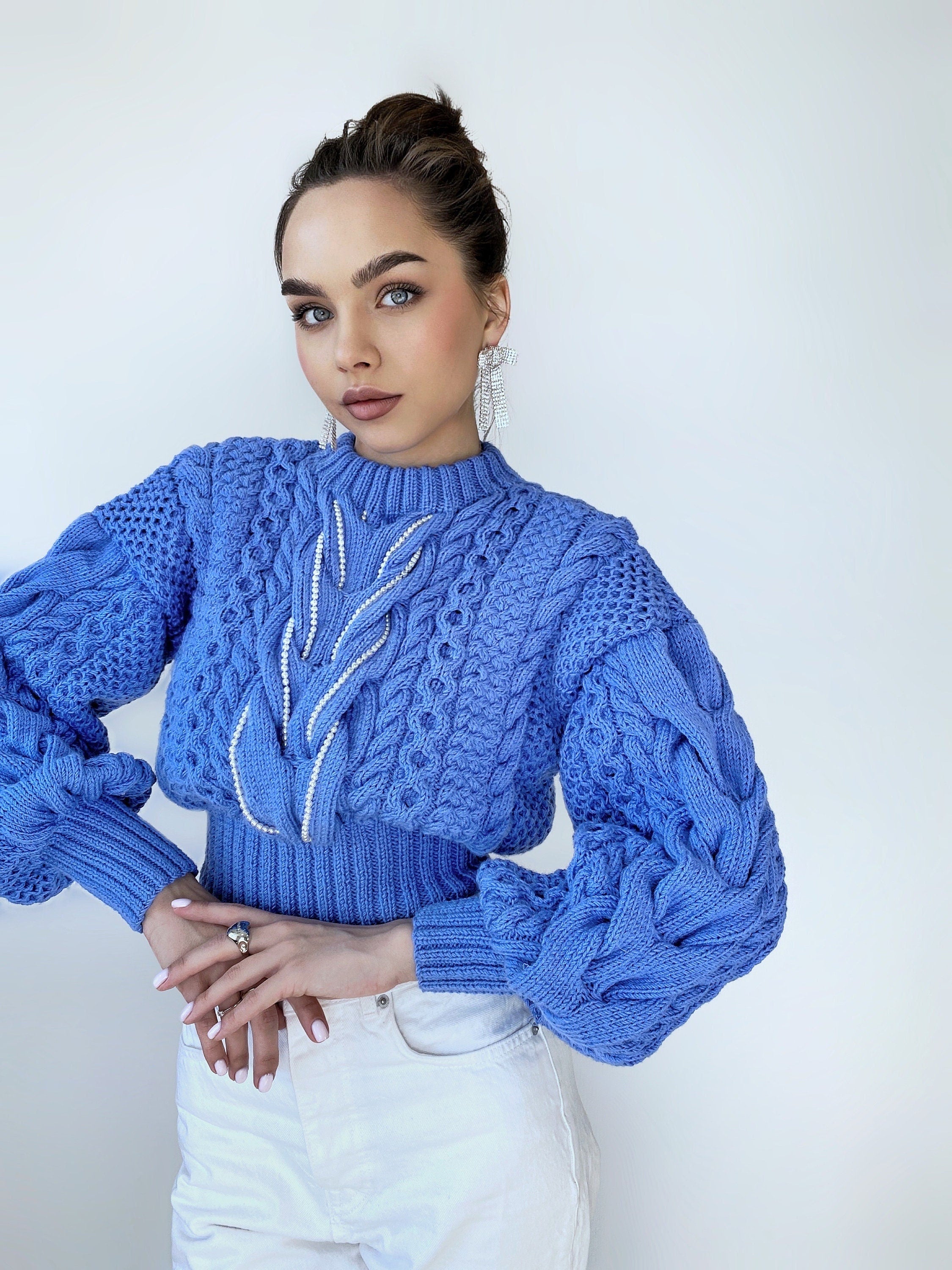 Cropped hand knit merino wool softy blue sweater knitted braid embellishment beads pearl Chunky knit pullover Crop jumper Cable knit sweater