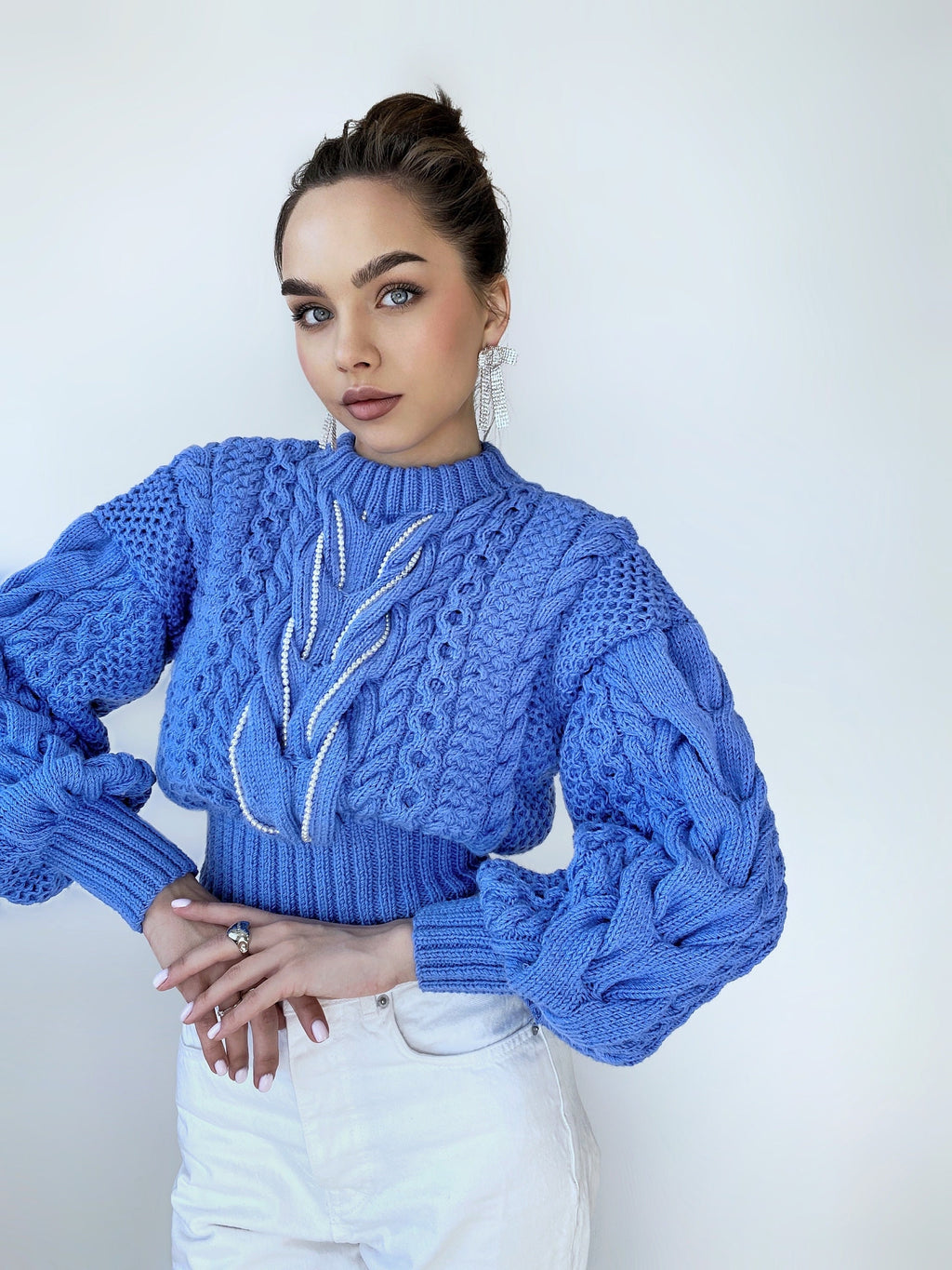 Cropped blue sweater hand knitted braid embellishment beads pearl Knit Merino chunky knit pullover Chunky softy jumper Cable knit sweater