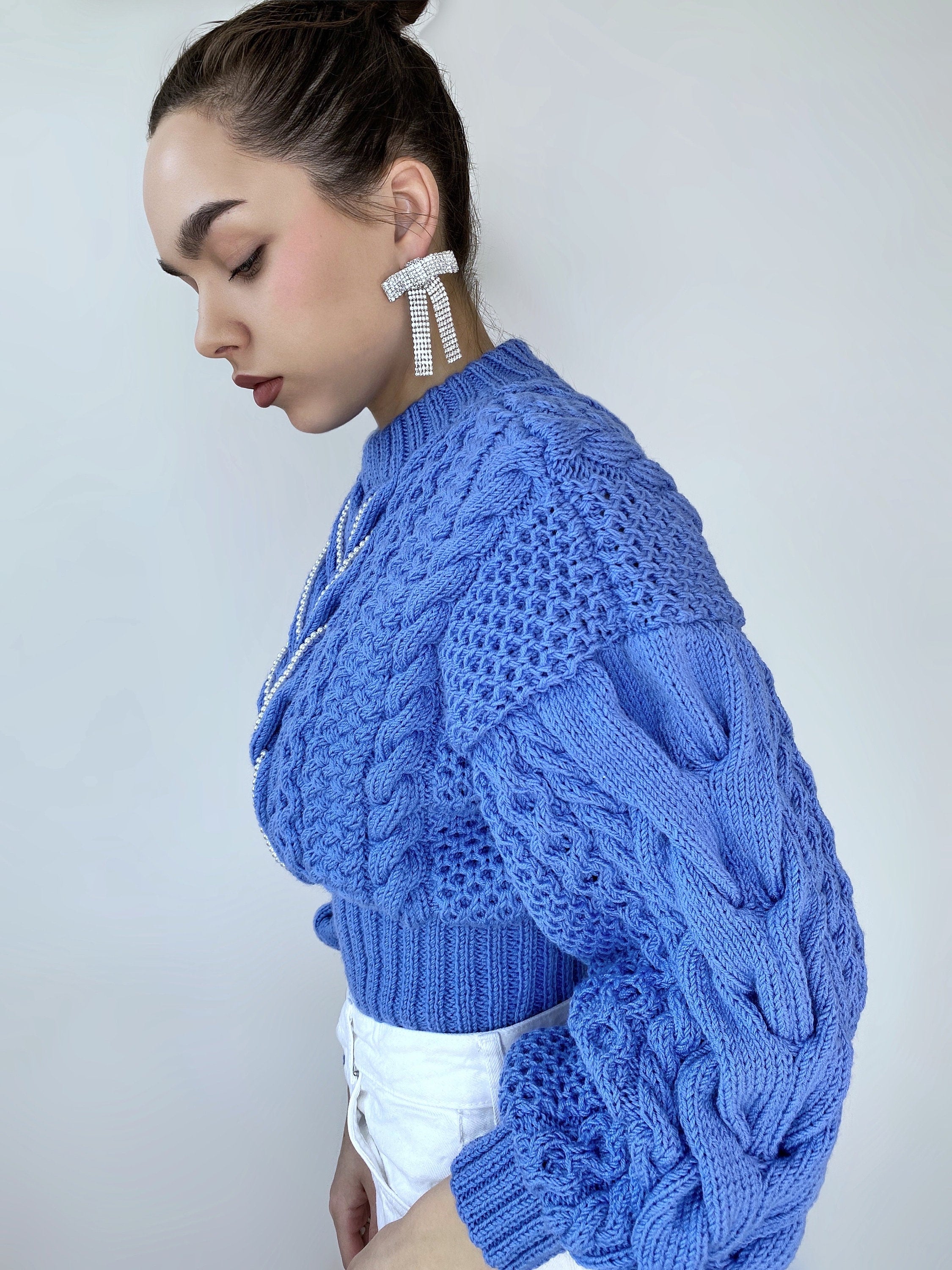 Cropped blue sweater hand knitted braid embellishment beads pearl Knit Merino chunky knit pullover Chunky softy jumper Cable knit sweater