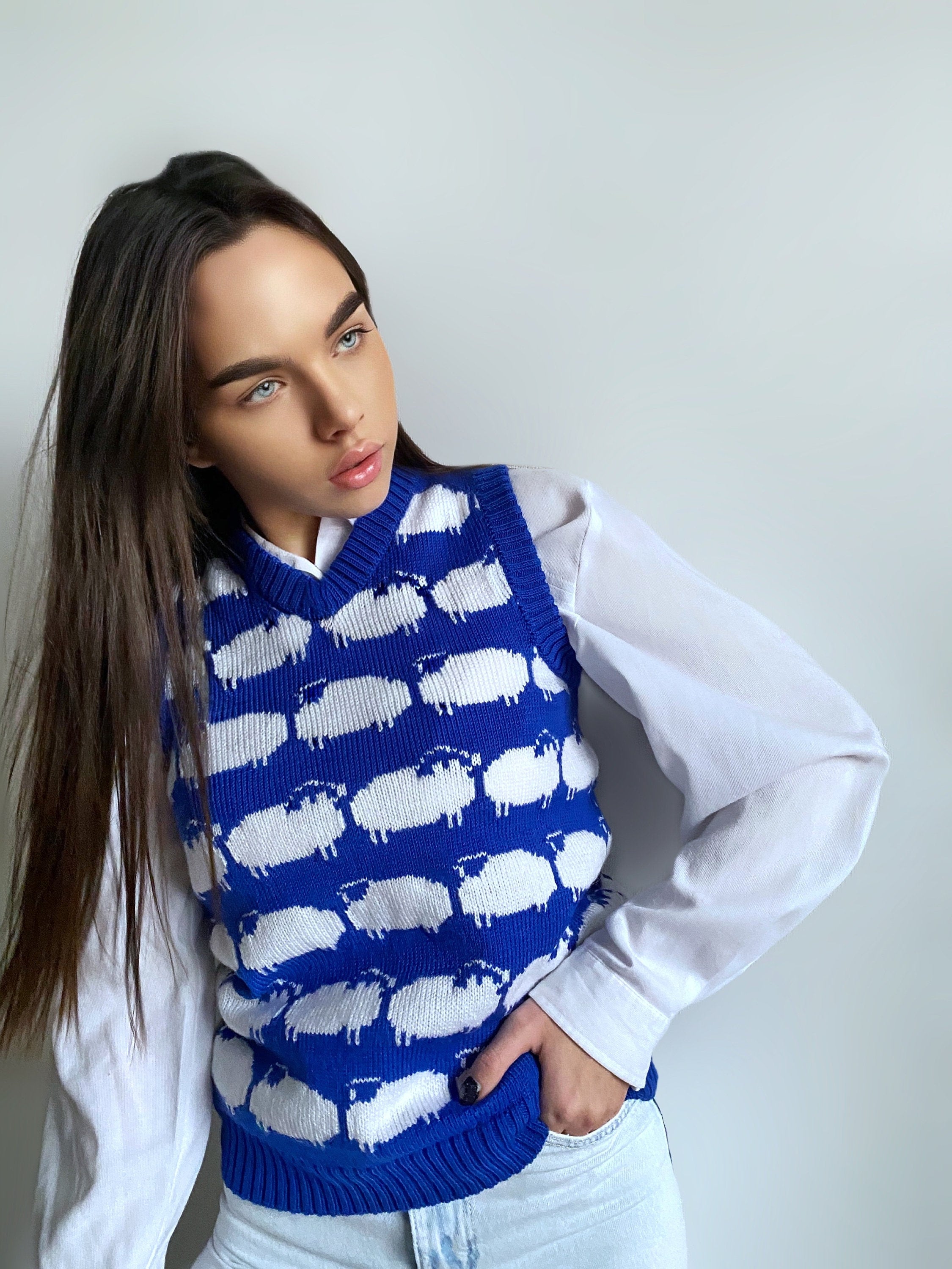 White sheep blue merino wool mohair hand knit sweater vest womens mens unisex Office knitwear Blue vest black sheep V-neck collar