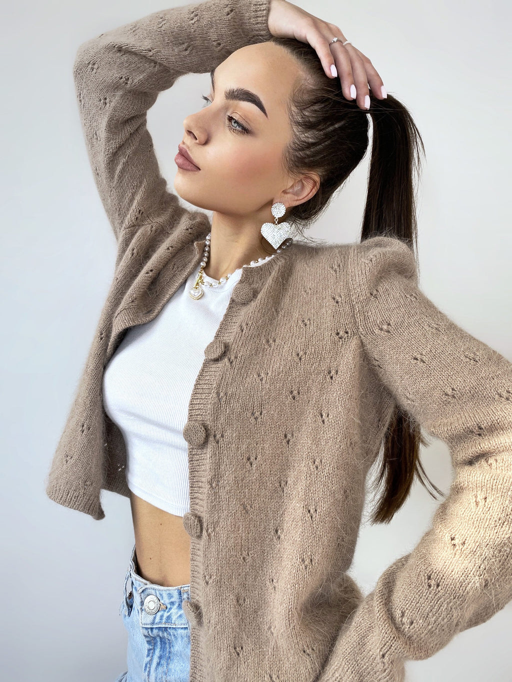 Angora knit fluffy cropped cardigan women Wedding vintage cardigan Angora sweater Beige knitted coat Jacket Wool bolero buttons cardigan