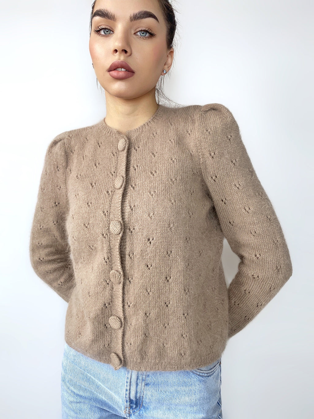 Knit angora cropped cardigan women Wedding vintage cardigan Angora sweater Beige knitted coat Jacket Wool bolero buttons Fluffy cardigan