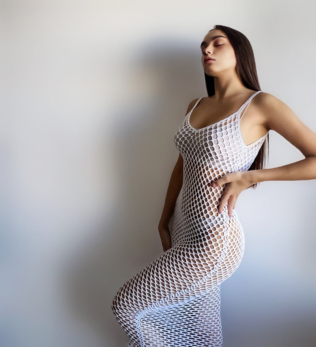 Sexy crochet white midi beach cover up women sexy mesh beach dress White beige wedding coverup Fishnet dress Summer Tunic Fishnet lingerie