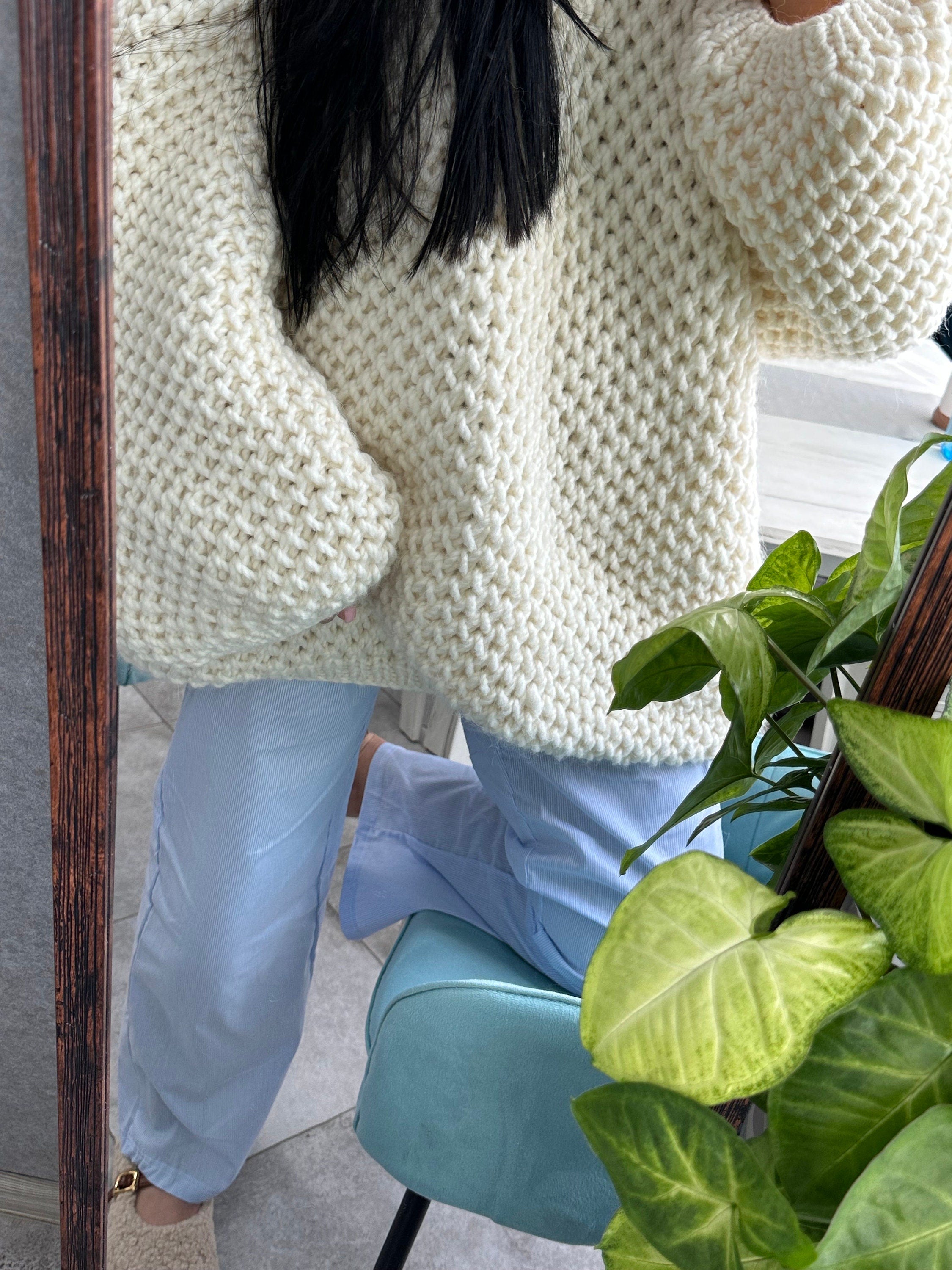 Big warm chunky hand knit alpaca wool milk cream sweater Cocoon unisex sweater Cable knit pullover Loose fit Cozy pastel sweater dress