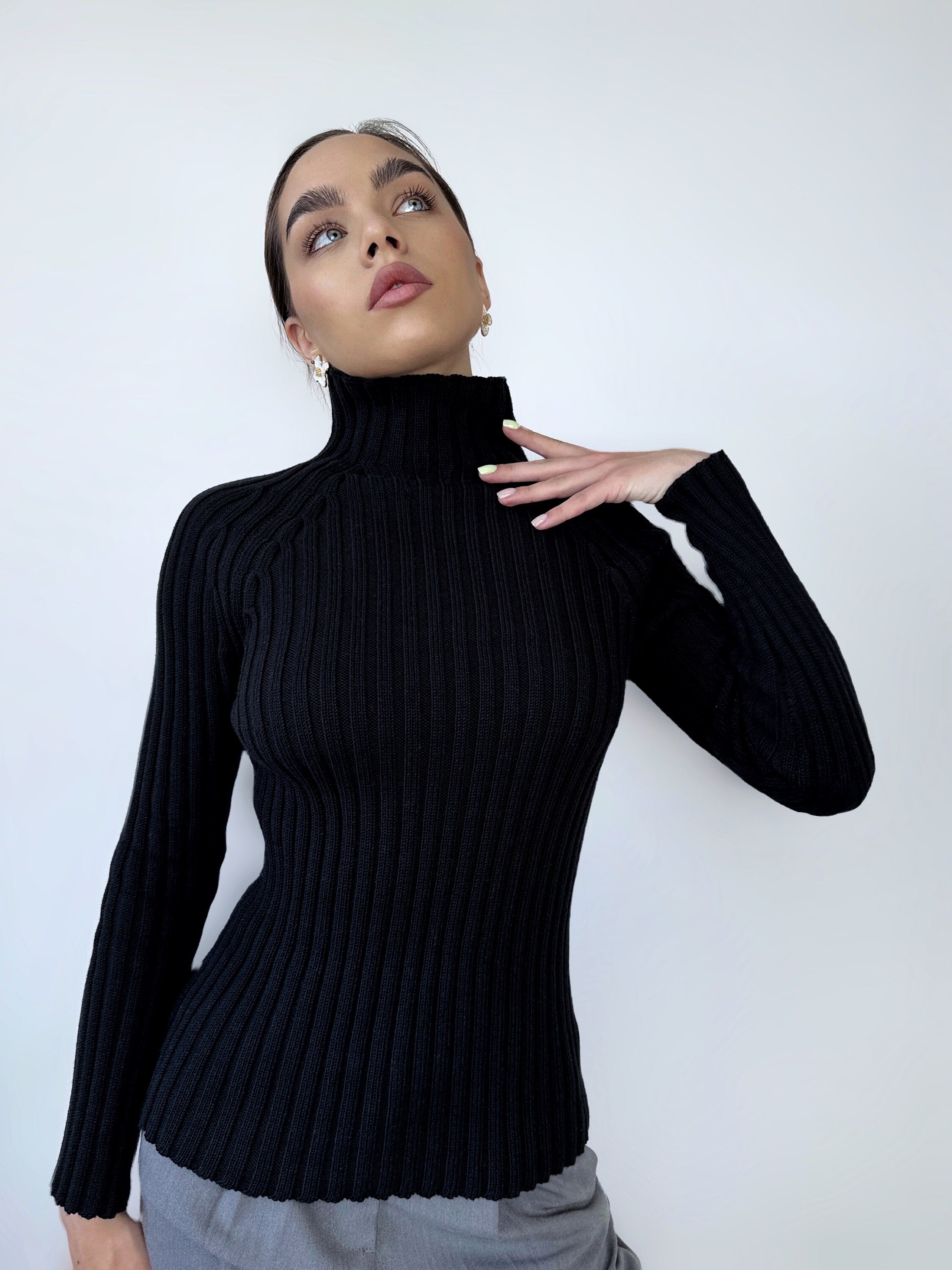 Organic Cotton Knitted Turtleneck for women Ribbed Knitted Sweater Long Sleeve Sweater Comfortable body-friendly Turtle neck wool