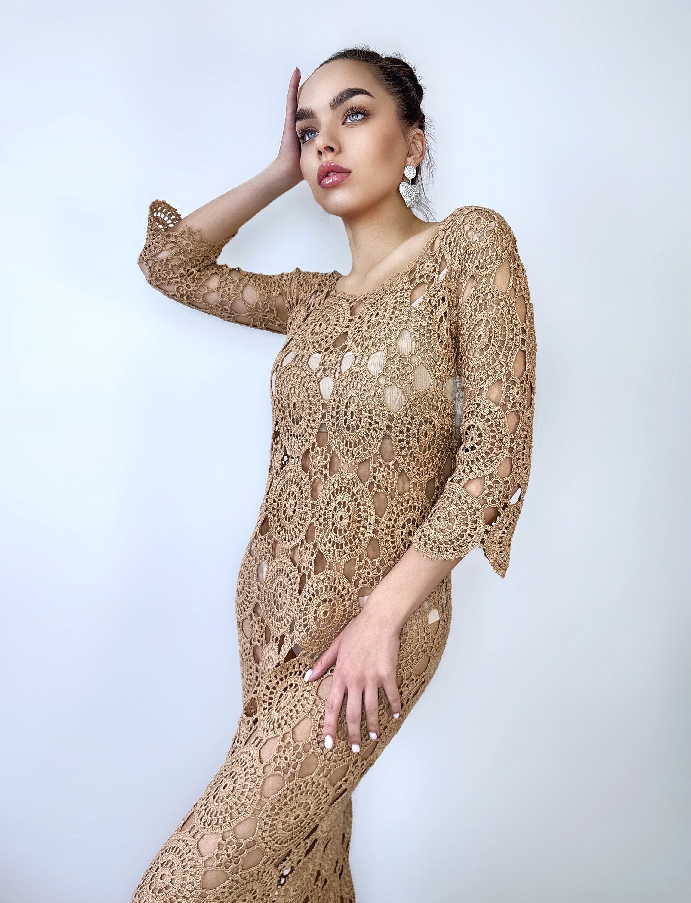 Beach crochet maxi dress for beach wedding Beach cover up Brown beige white midi dress Wedding open back dress Boho maxi summer dress