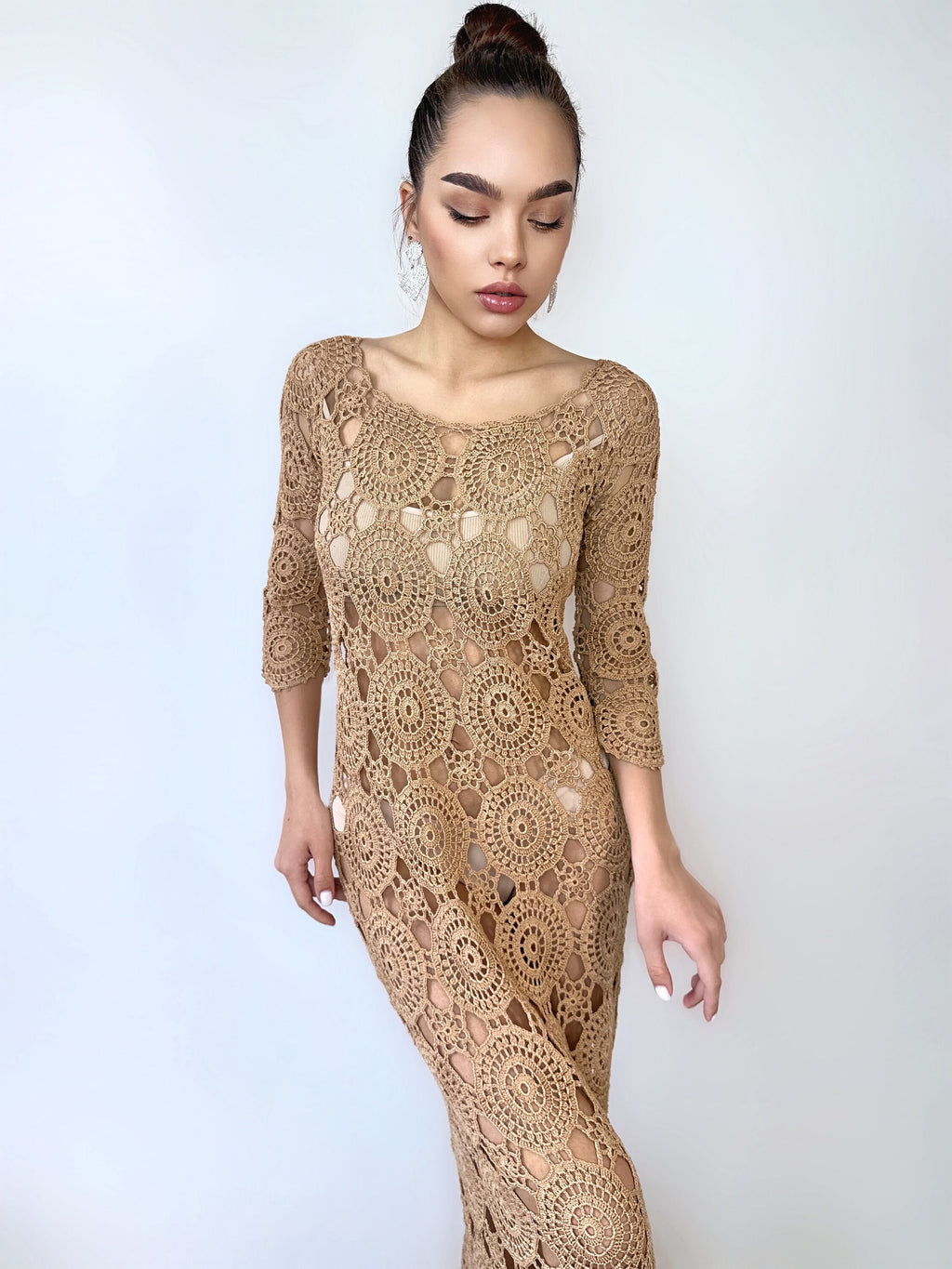 Beach crochet maxi dress for beach wedding Beach cover up Brown beige white midi dress Wedding open back dress Boho maxi summer dress