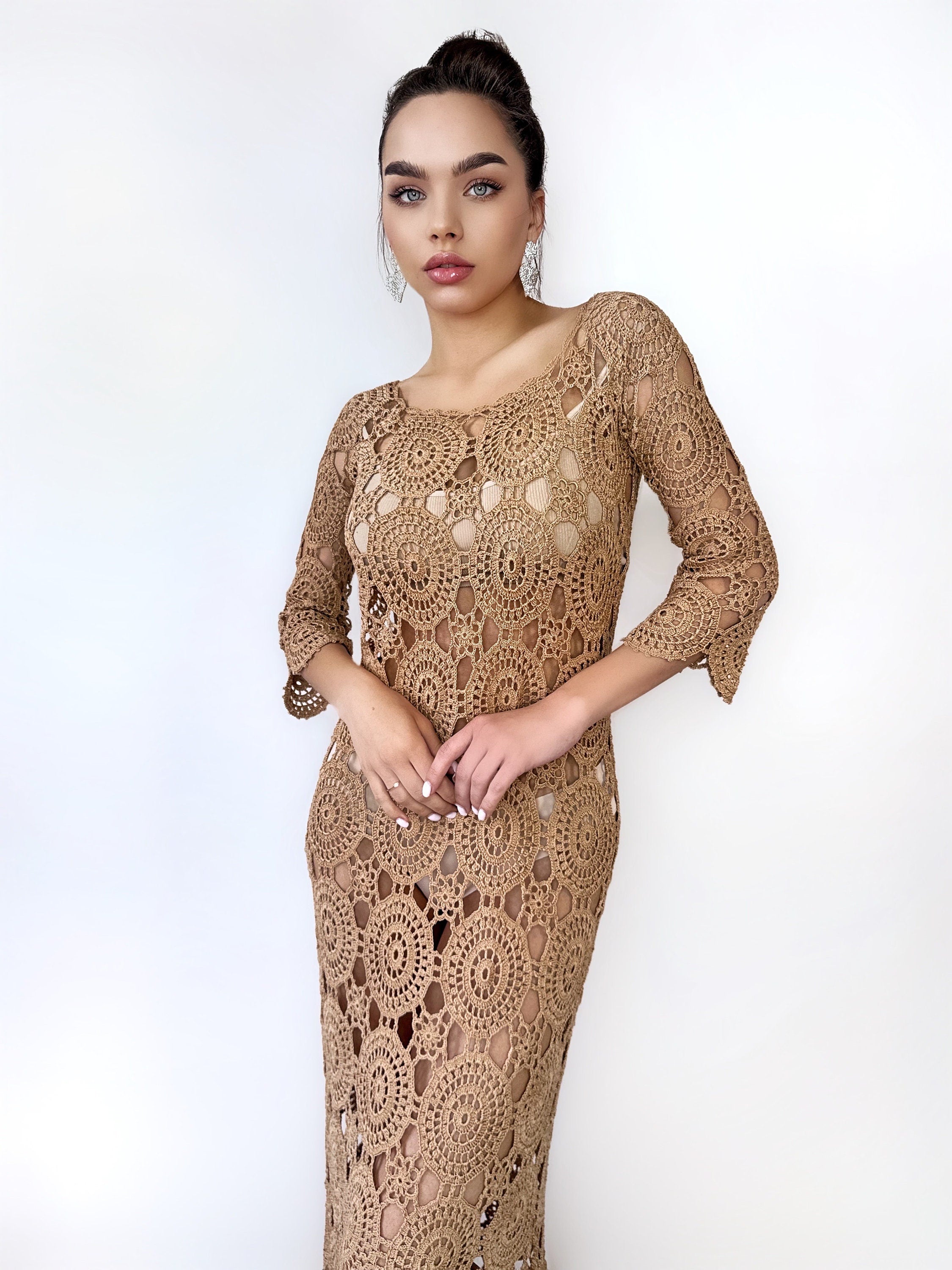 Beach crochet maxi dress for beach wedding Beach cover up Brown beige white midi dress Wedding open back dress Boho maxi summer dress