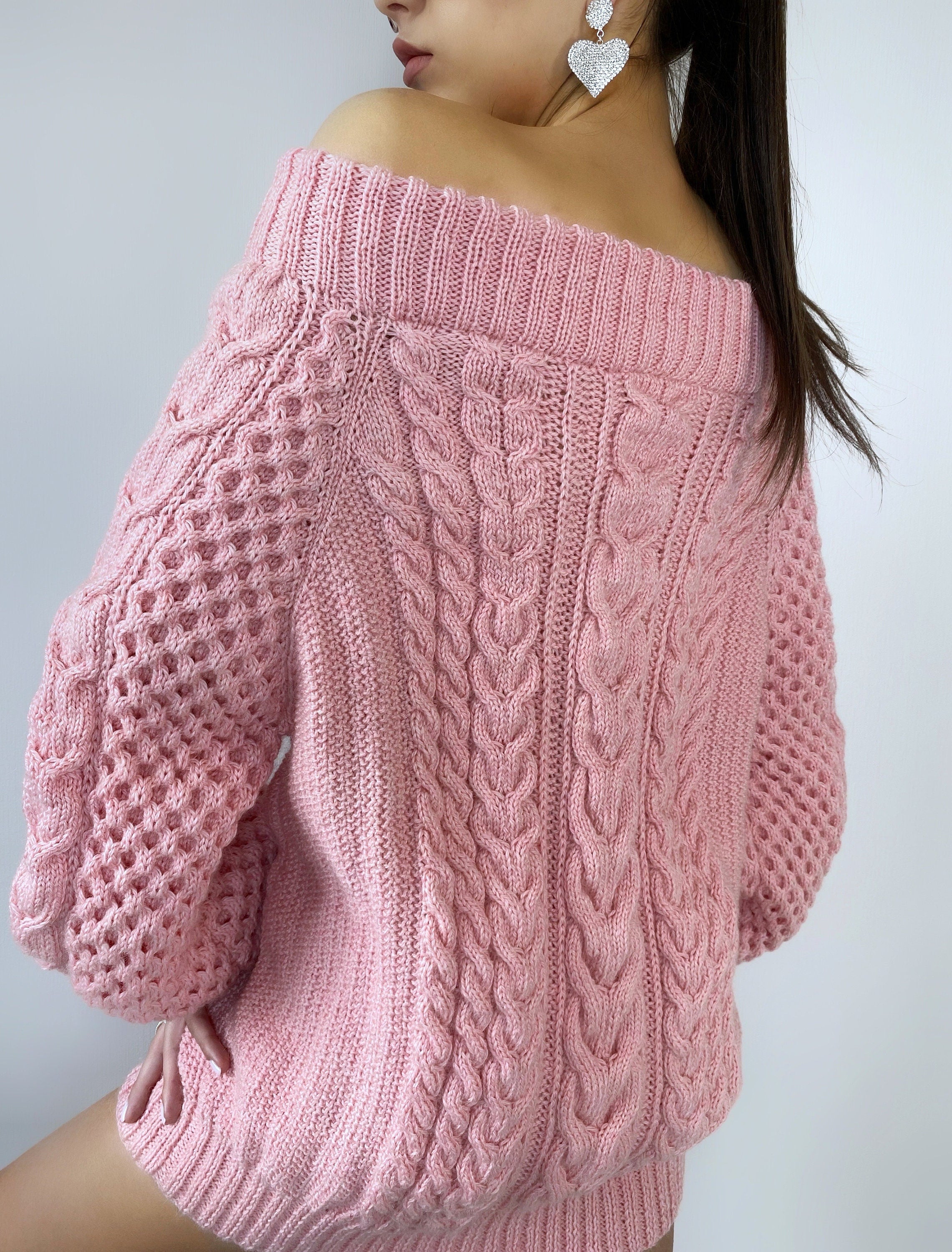 Aran long sweater-dress with open shoulders Pink knitted one shoulder dress Cable knit sweater/wide sleeves/off shoulder sweater for women