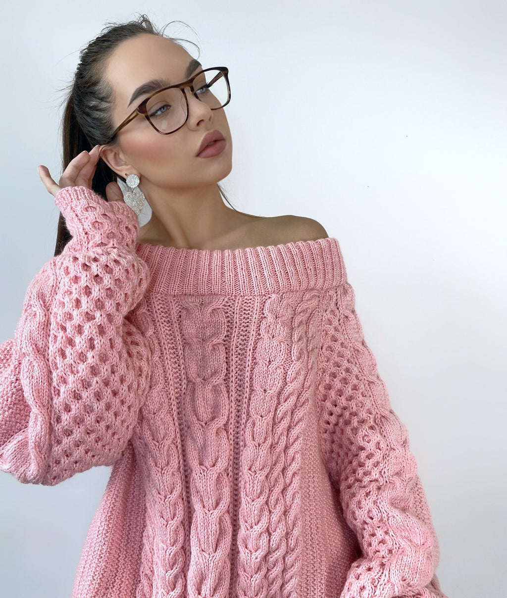Aran long sweater-dress with open shoulders Pink knitted one shoulder dress Cable knit sweater/wide sleeves/off shoulder sweater for women