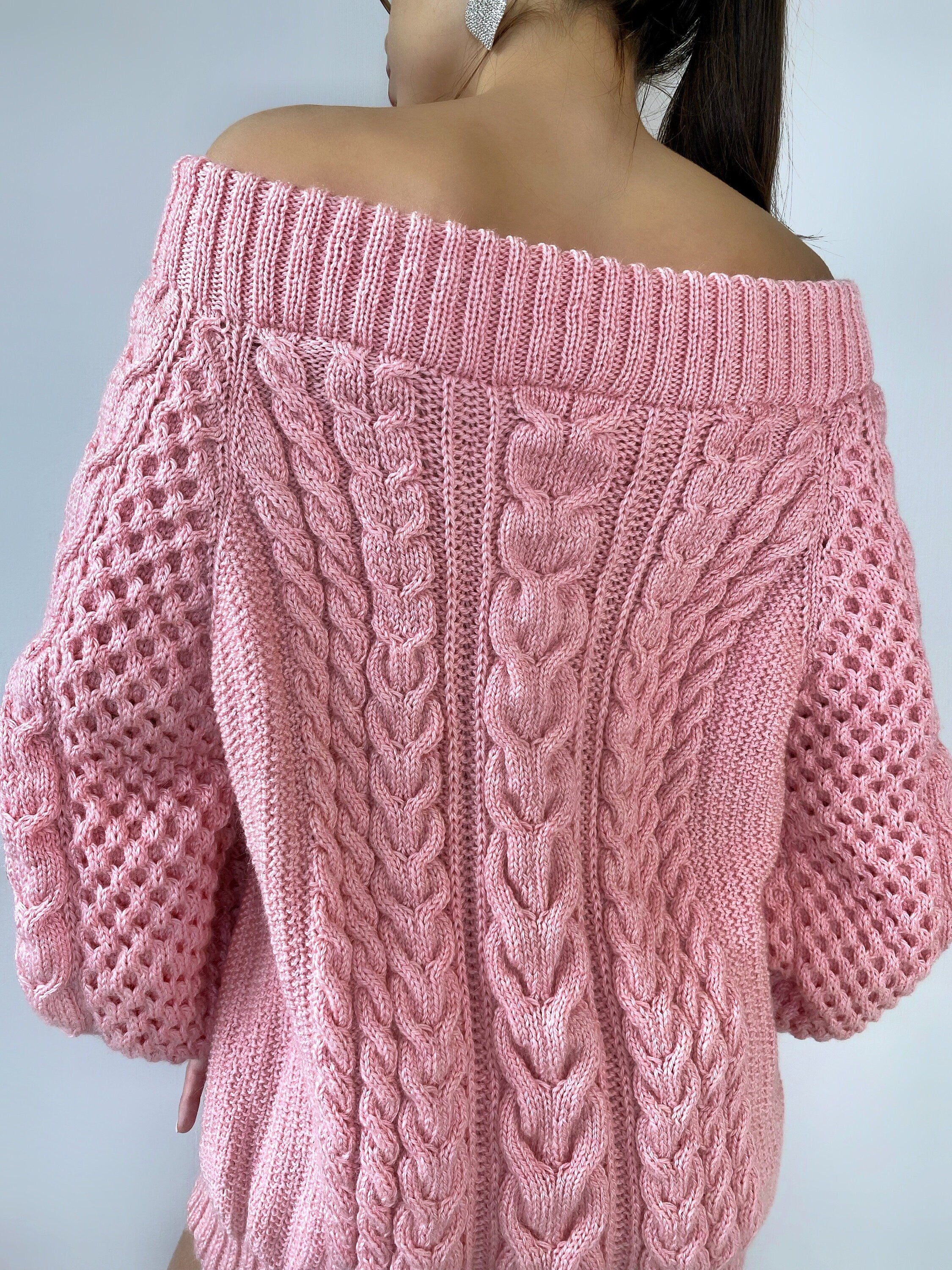 Aran long sweater-dress with open shoulders Pink knitted one shoulder dress Cable knit sweater/wide sleeves/off shoulder sweater for women