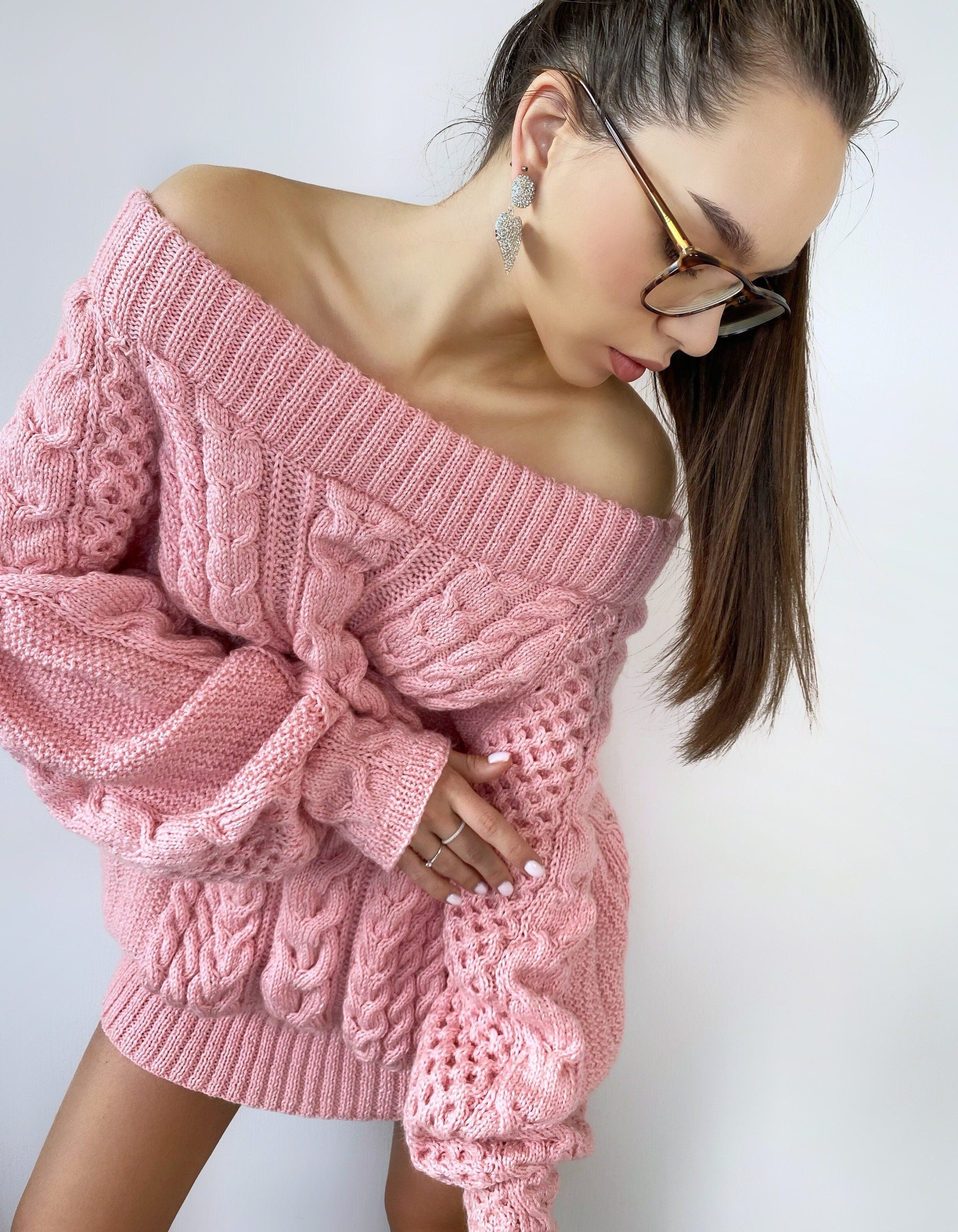 Aran long sweater-dress with open shoulders Pink knitted one shoulder dress Cable knit sweater/wide sleeves/off shoulder sweater for women
